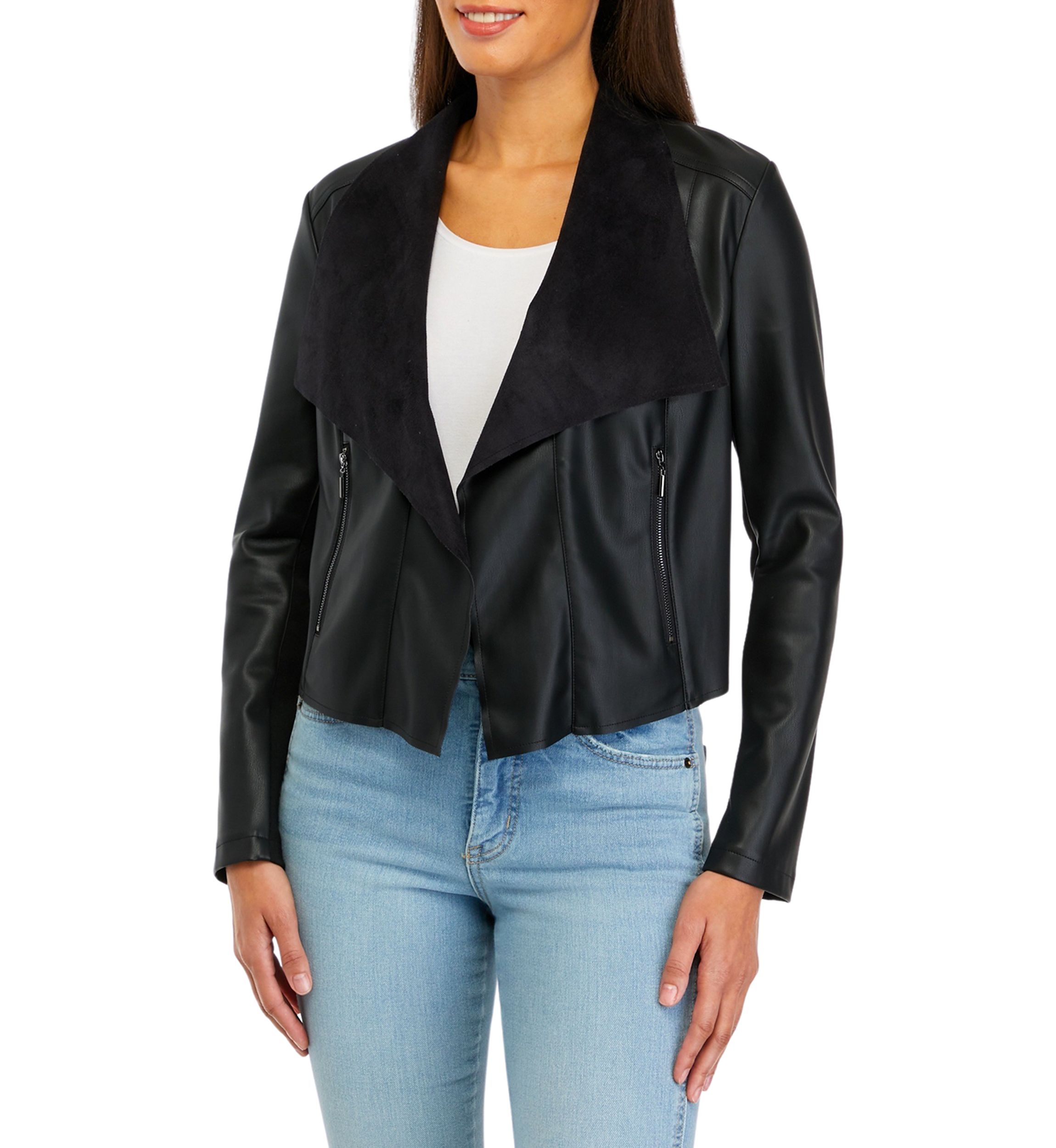 Womens Shawl Collar Faux Leather Jacket