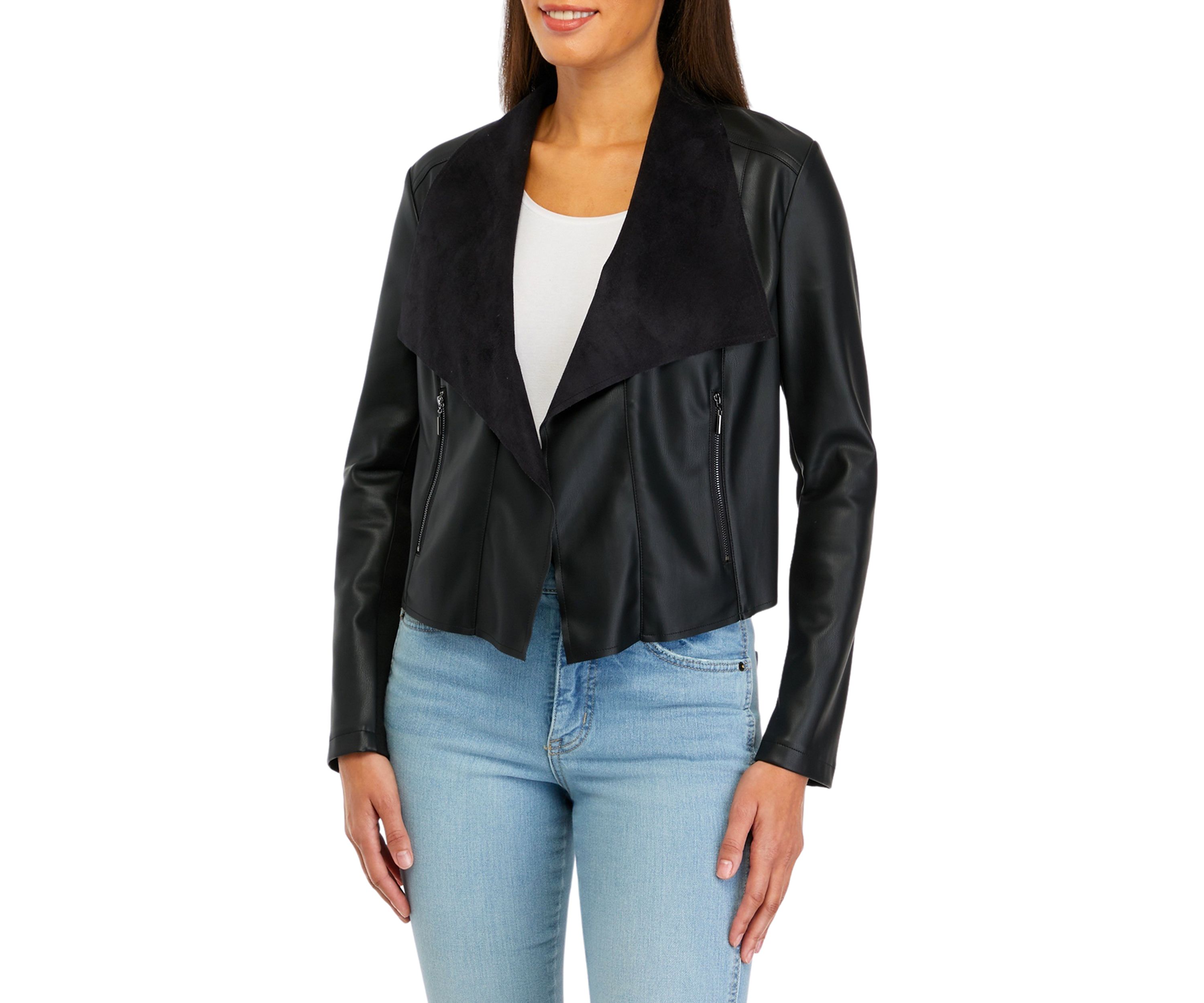 Womens Shawl Collar Faux Leather Jacket