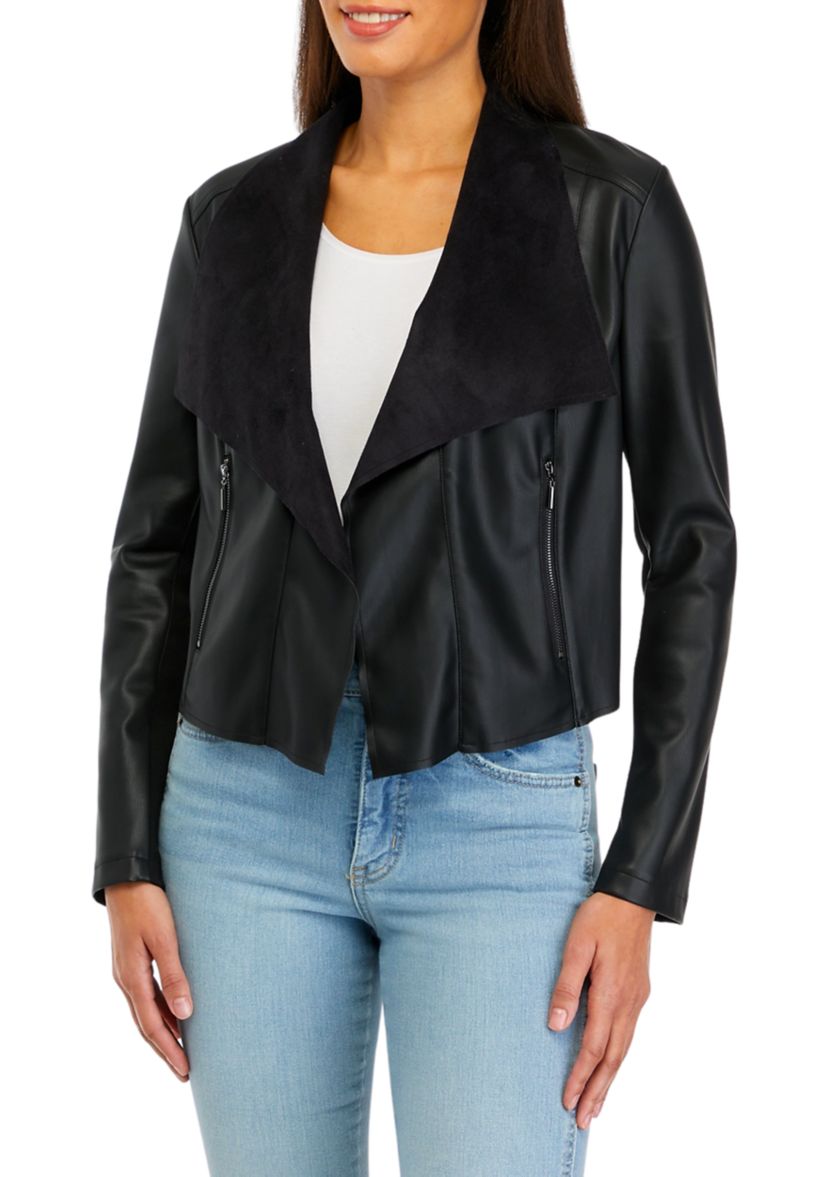 Womens Shawl Collar Faux Leather Jacket