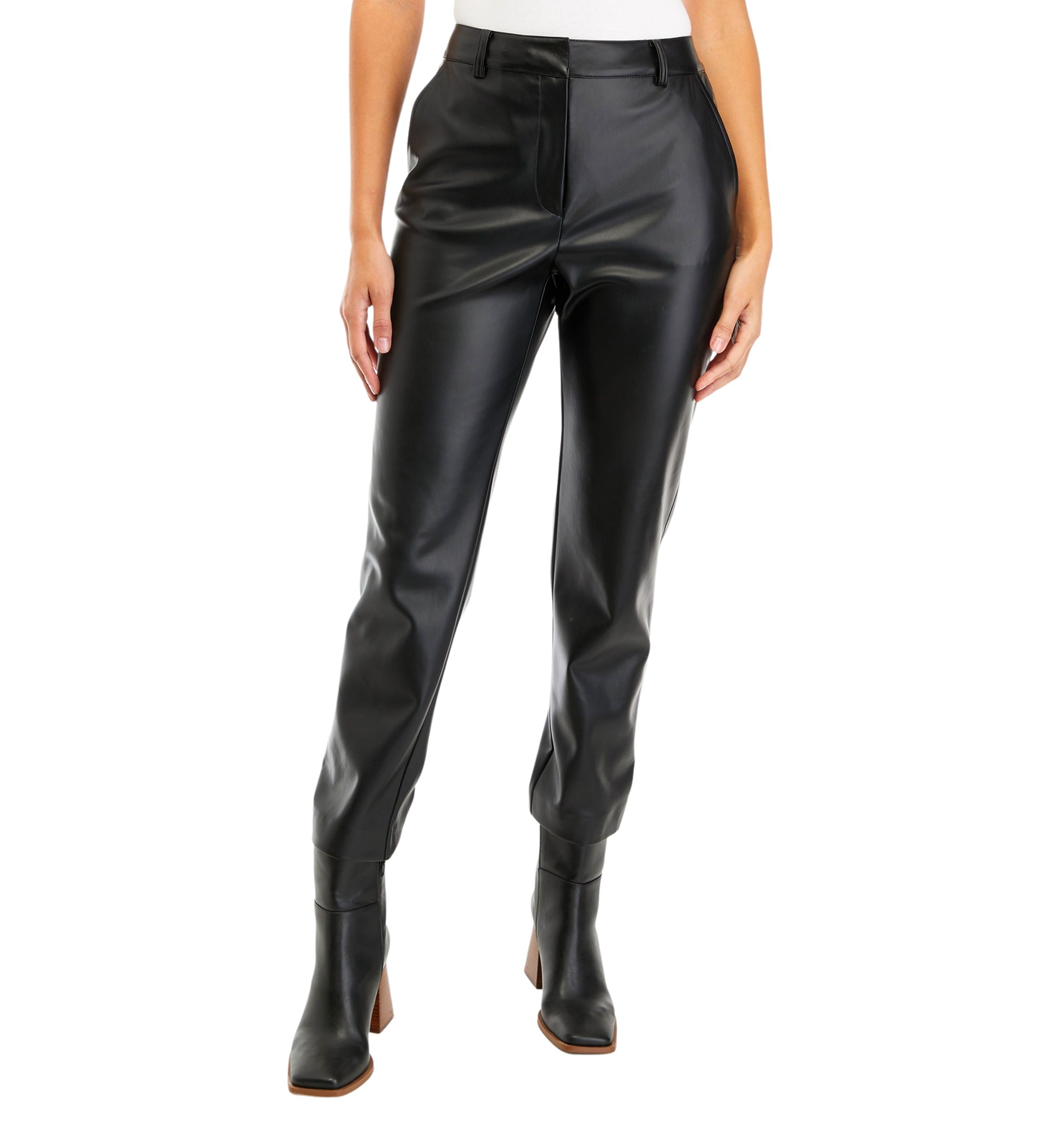 Womens Fly Front Faux Leather Pants