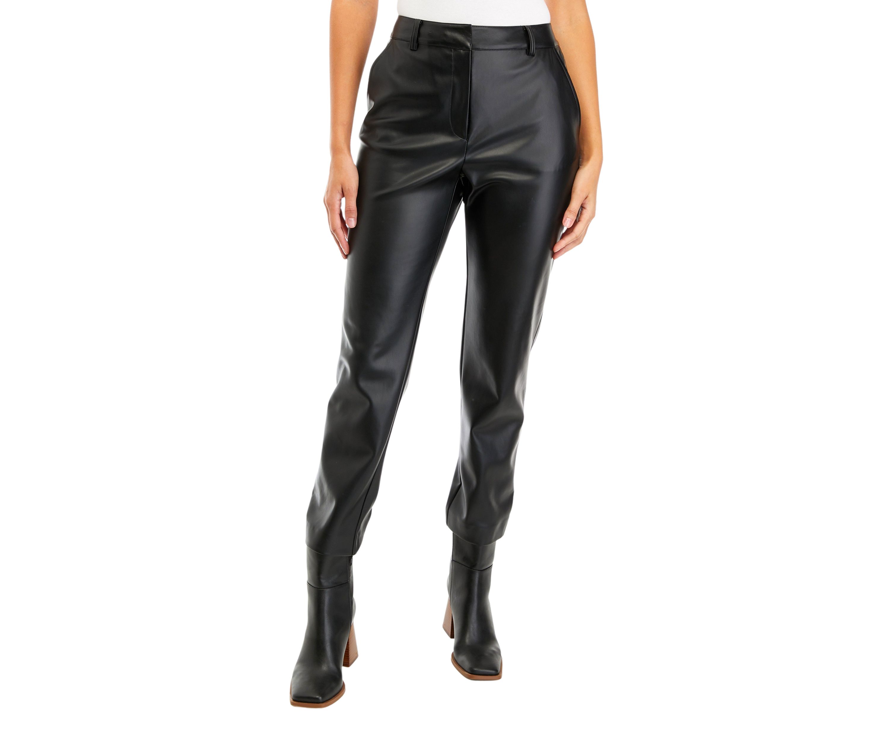 Womens Fly Front Faux Leather Pants