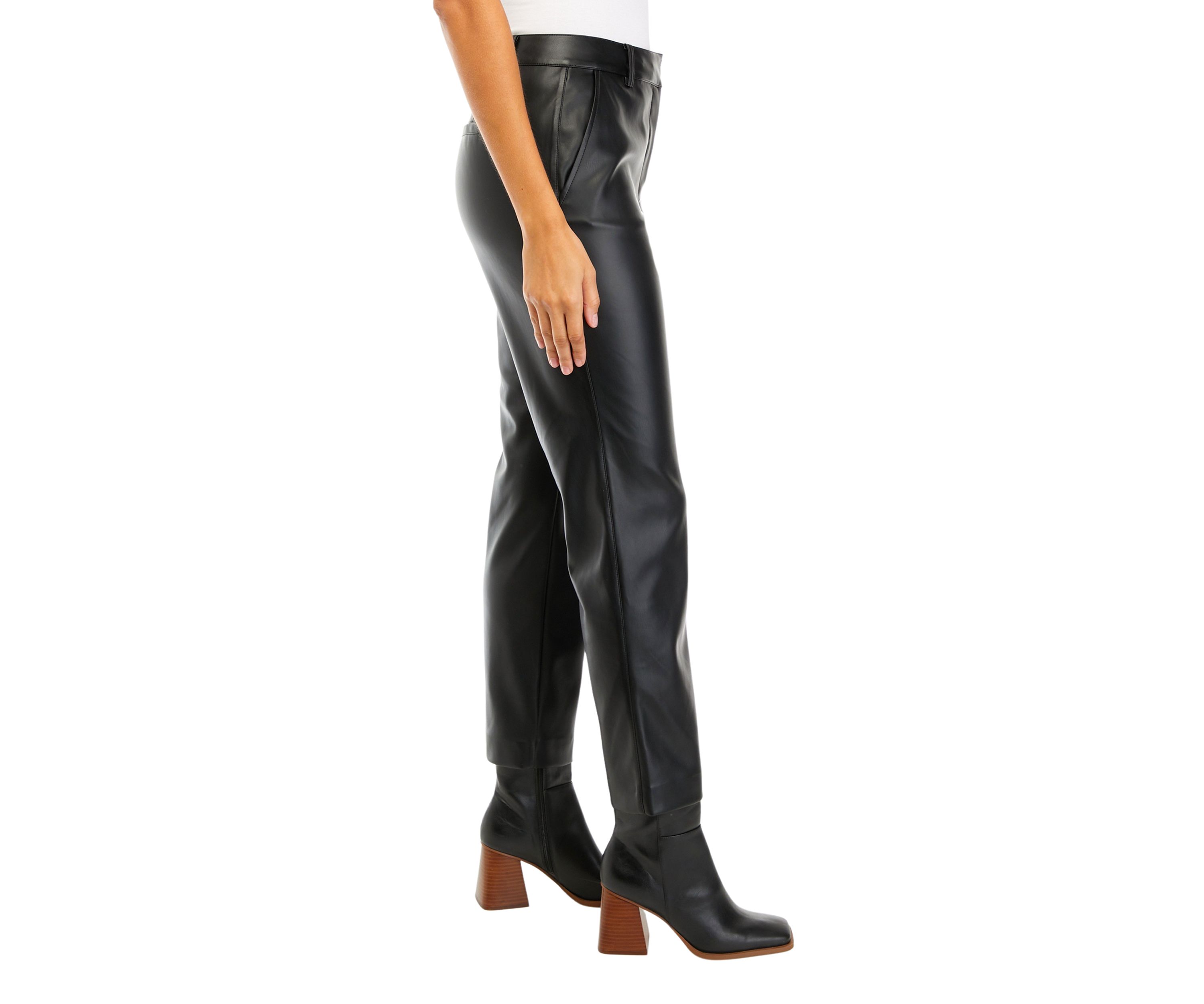 Womens Fly Front Faux Leather Pants