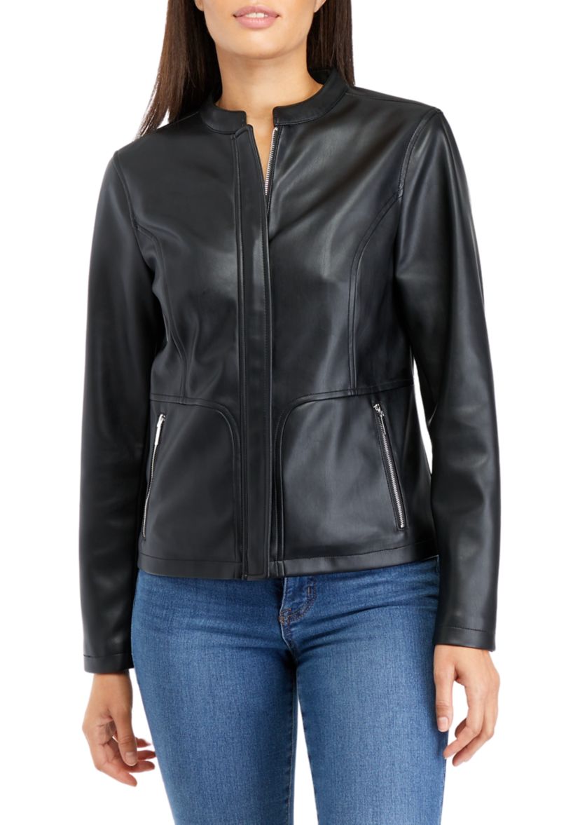 Womens Zip Front Vegan Leather Jacket
