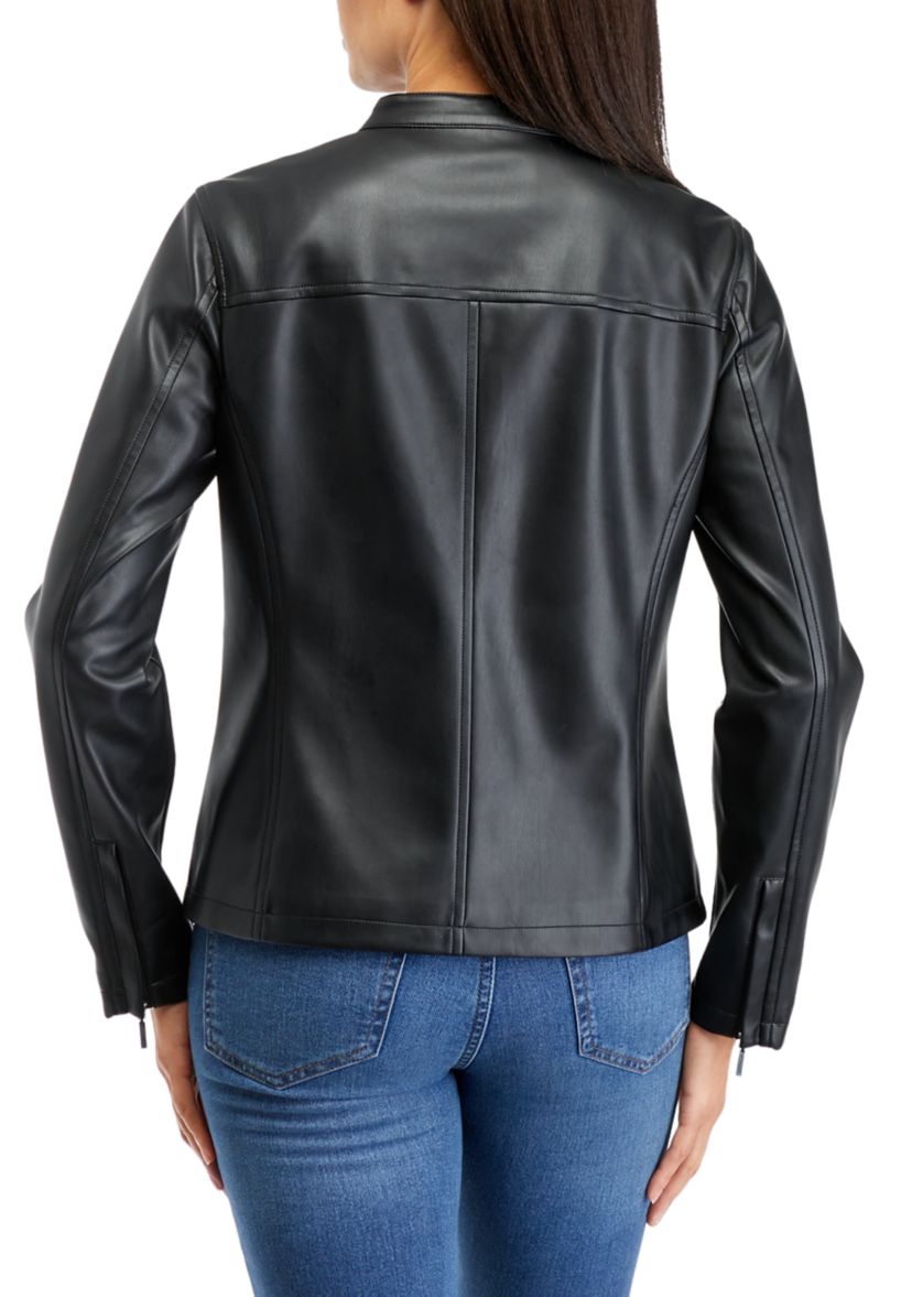 Womens Zip Front Vegan Leather Jacket