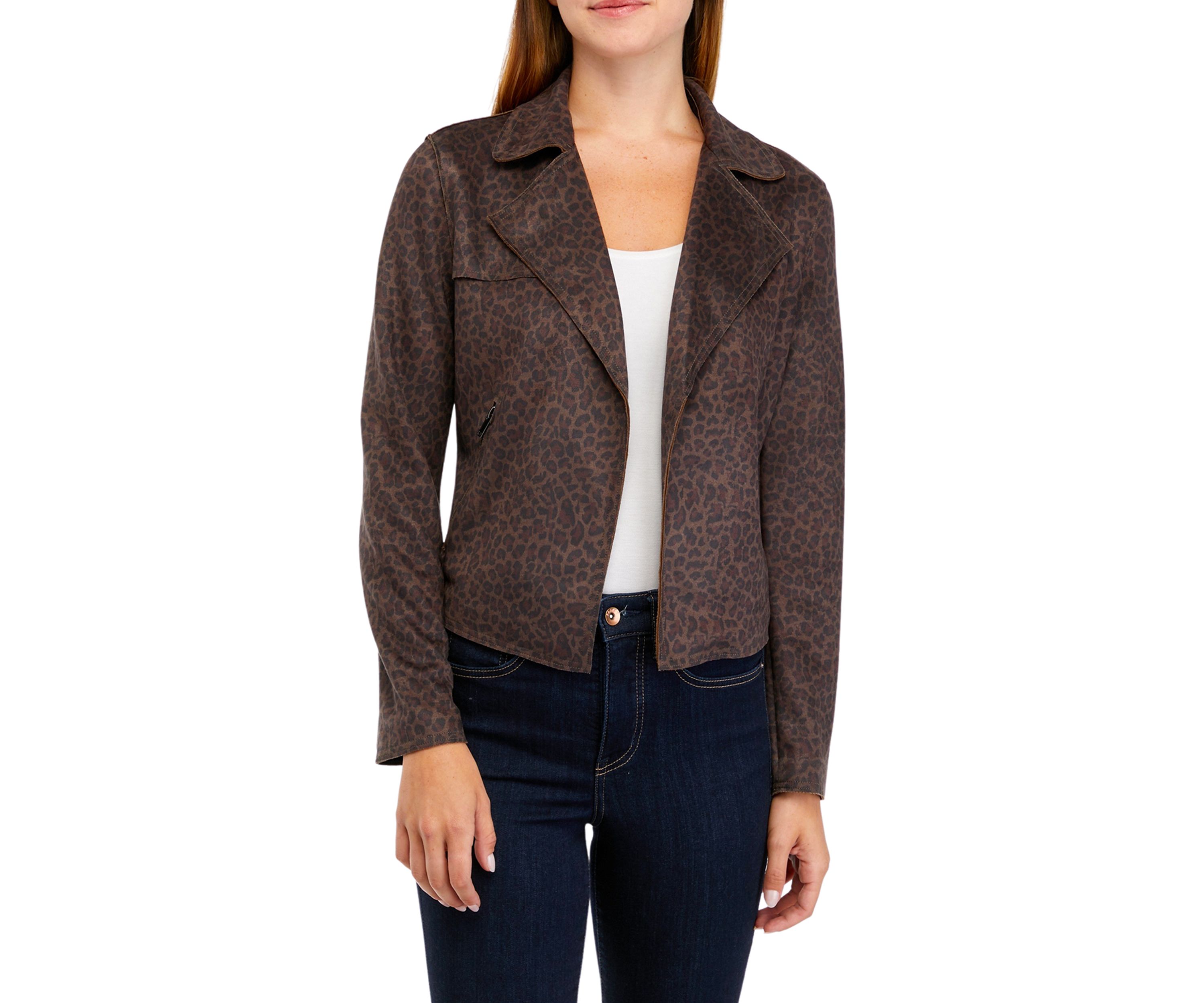Womens Drape Front Moto Vegan Suede Jacket