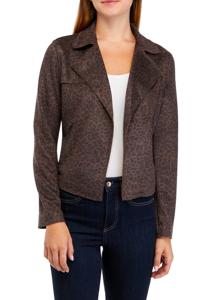 Womens Drape Front Moto Vegan Suede Jacket