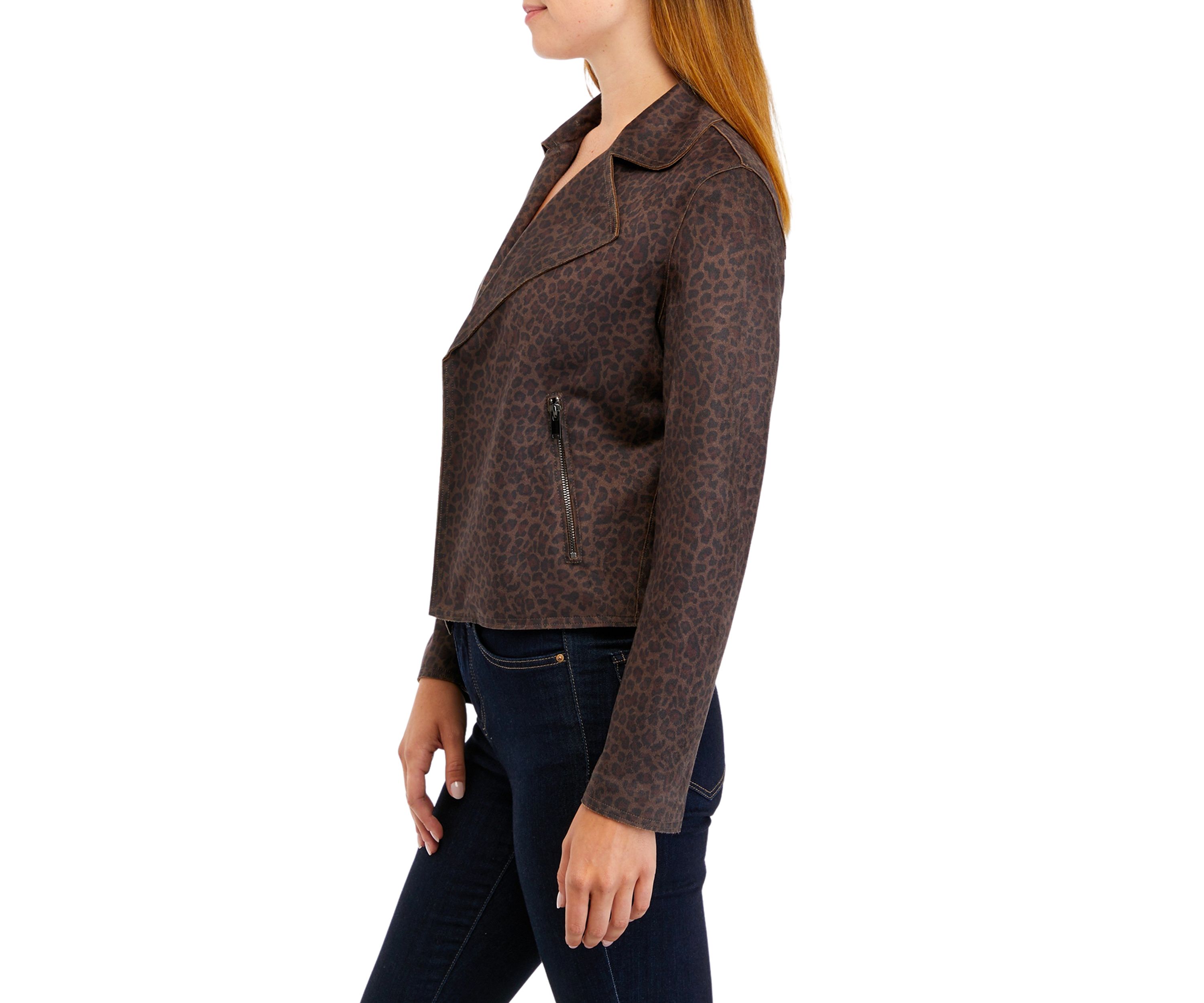 Womens Drape Front Moto Vegan Suede Jacket