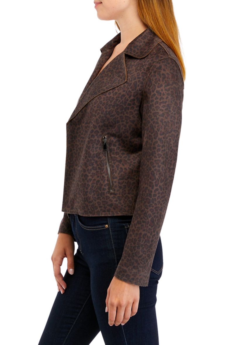 Womens Drape Front Moto Vegan Suede Jacket