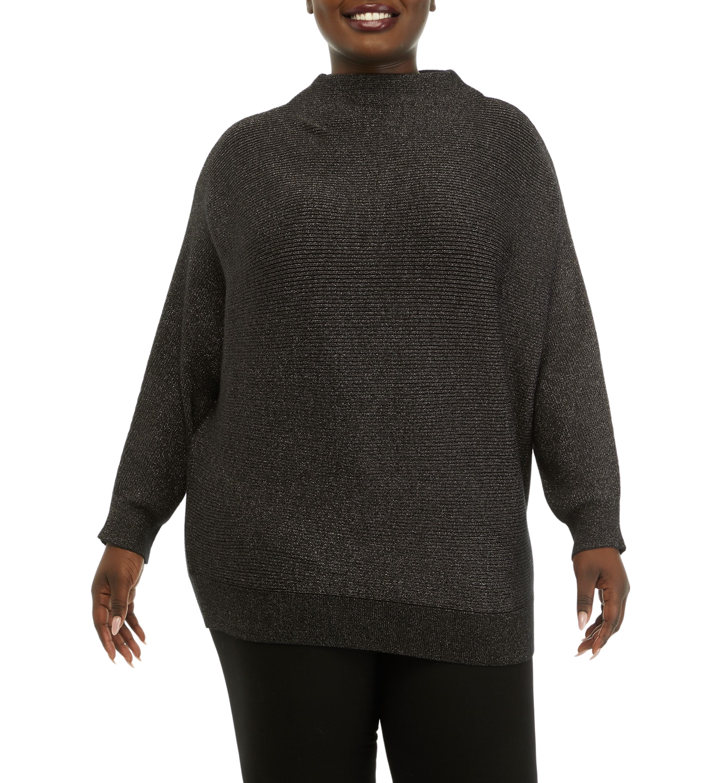 Plus Size Long Sleeve Funnel Neck Lurex Dolman Sweater