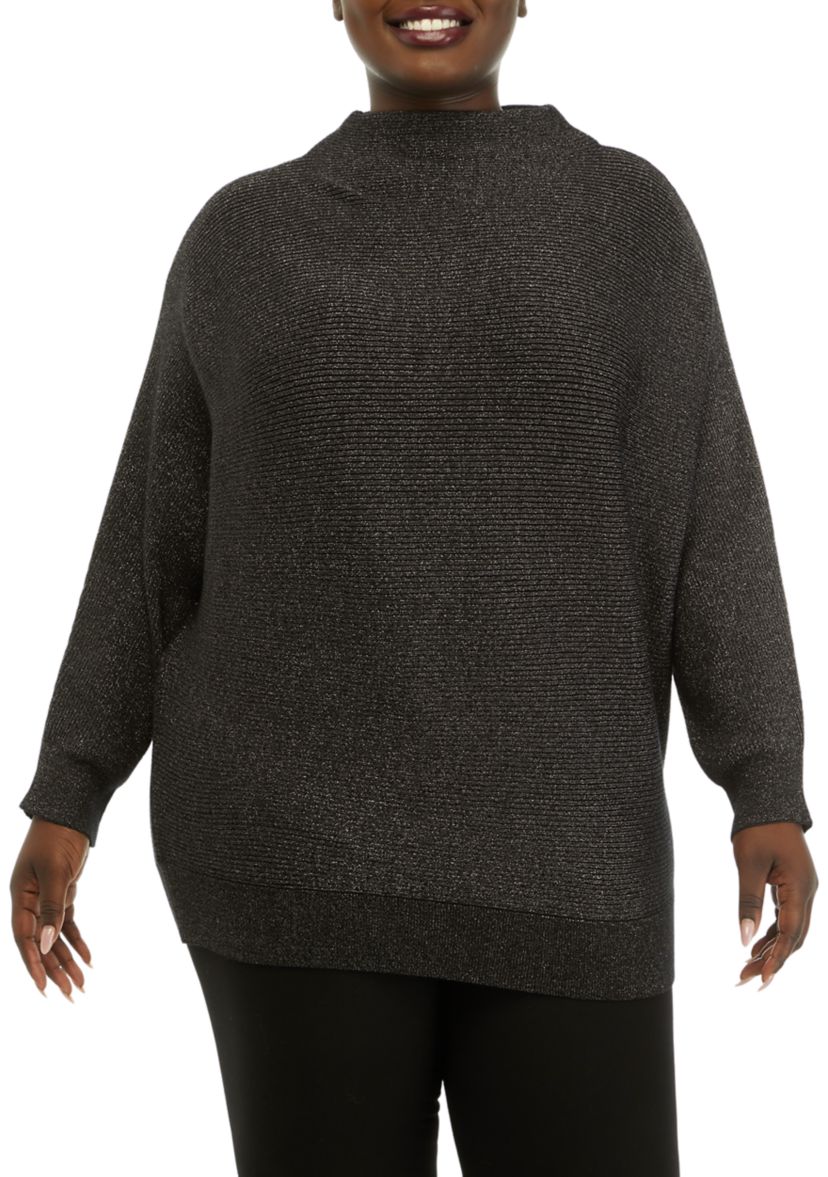 Plus Size Long Sleeve Funnel Neck Lurex Dolman Sweater