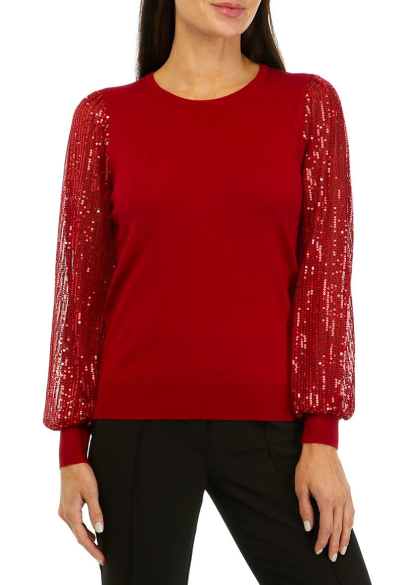 Womens Sequin Long Sleeve Crew Neck Sweater