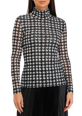 PHILOSOPHY BY REPUBLIC Women's Long Sleeve Houndstooth Print Mesh Top, XS