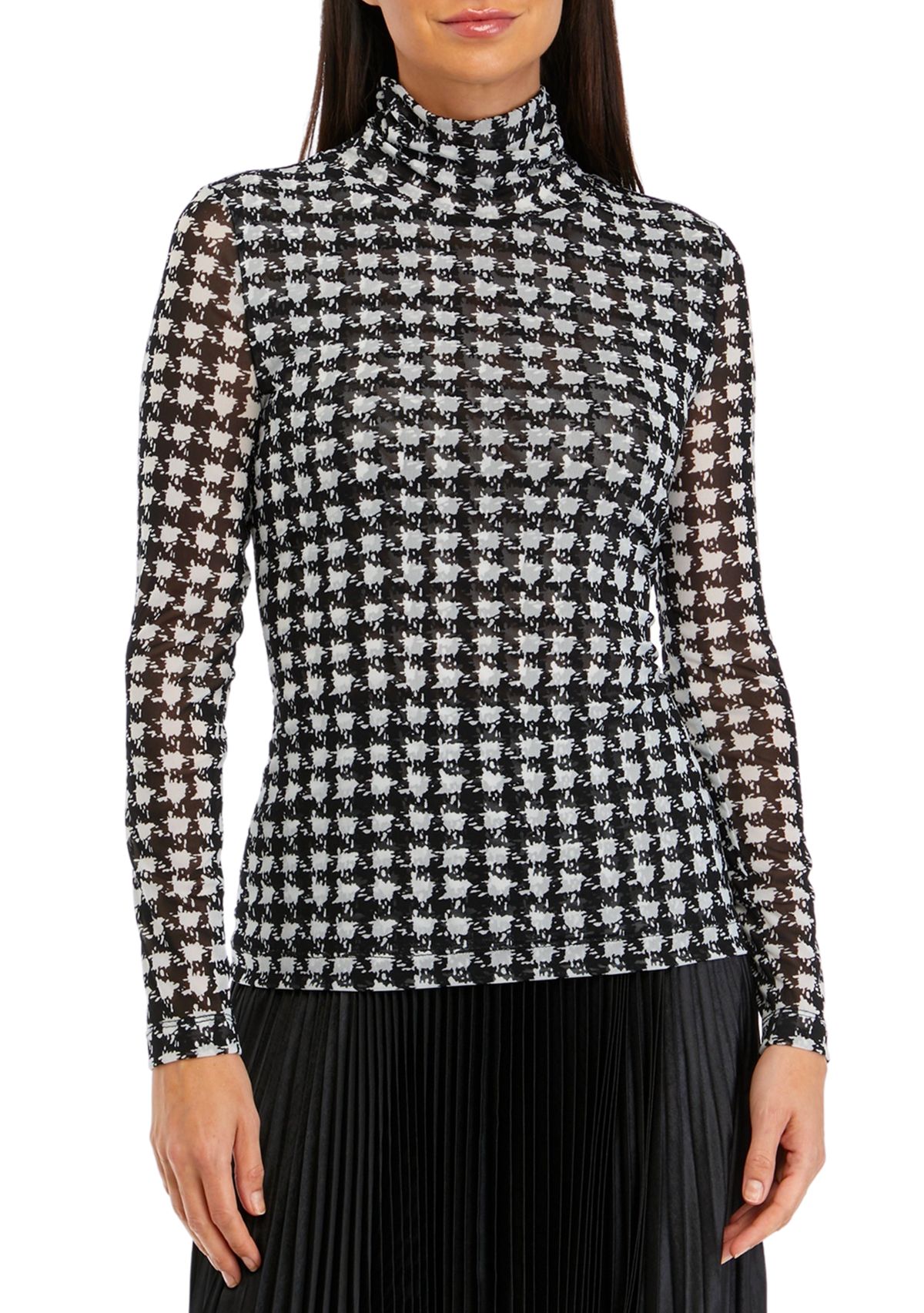 Long Sleeve Houndstooth Print Mesh Top 
