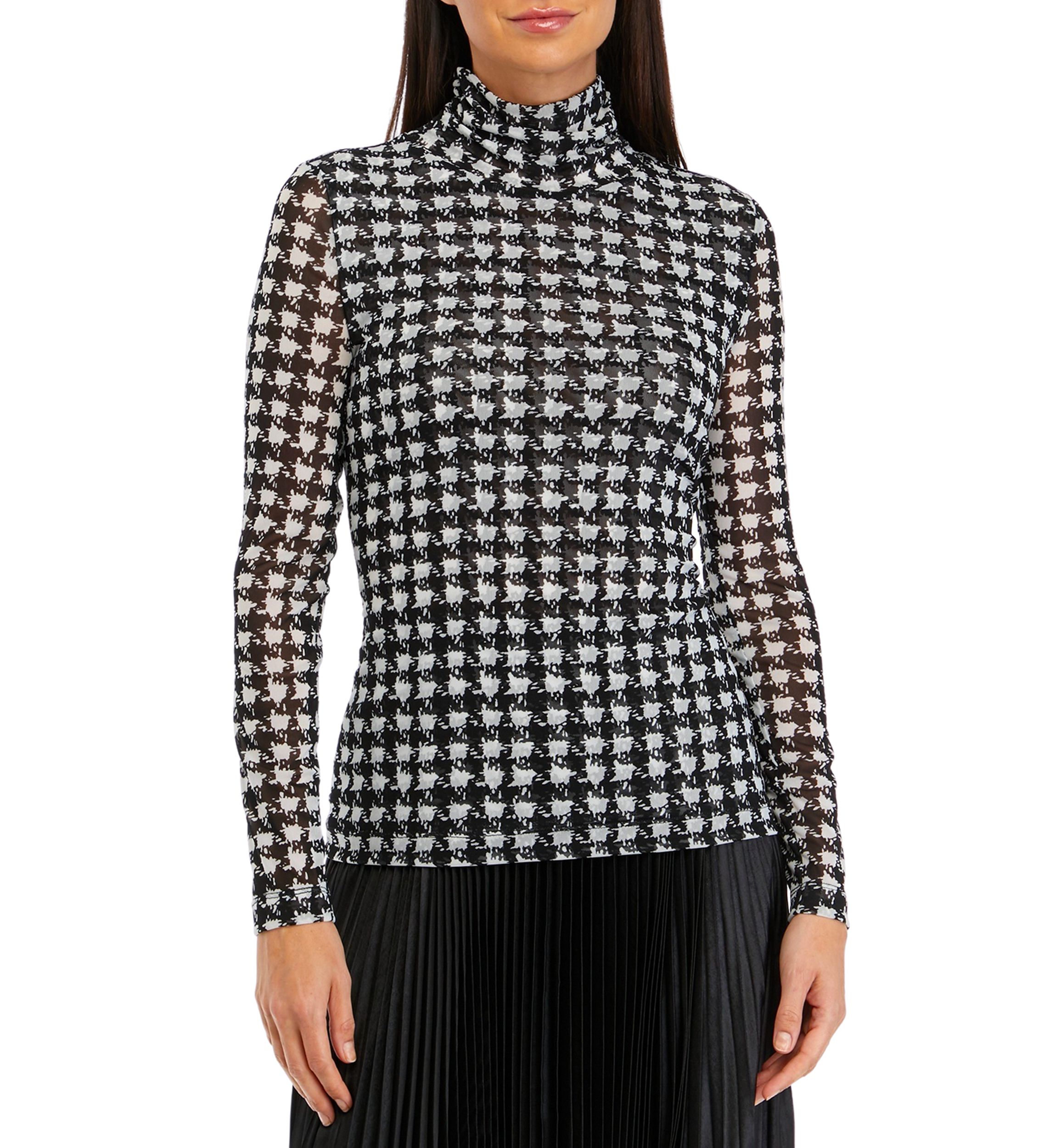 Long Sleeve Houndstooth Print Mesh Top 