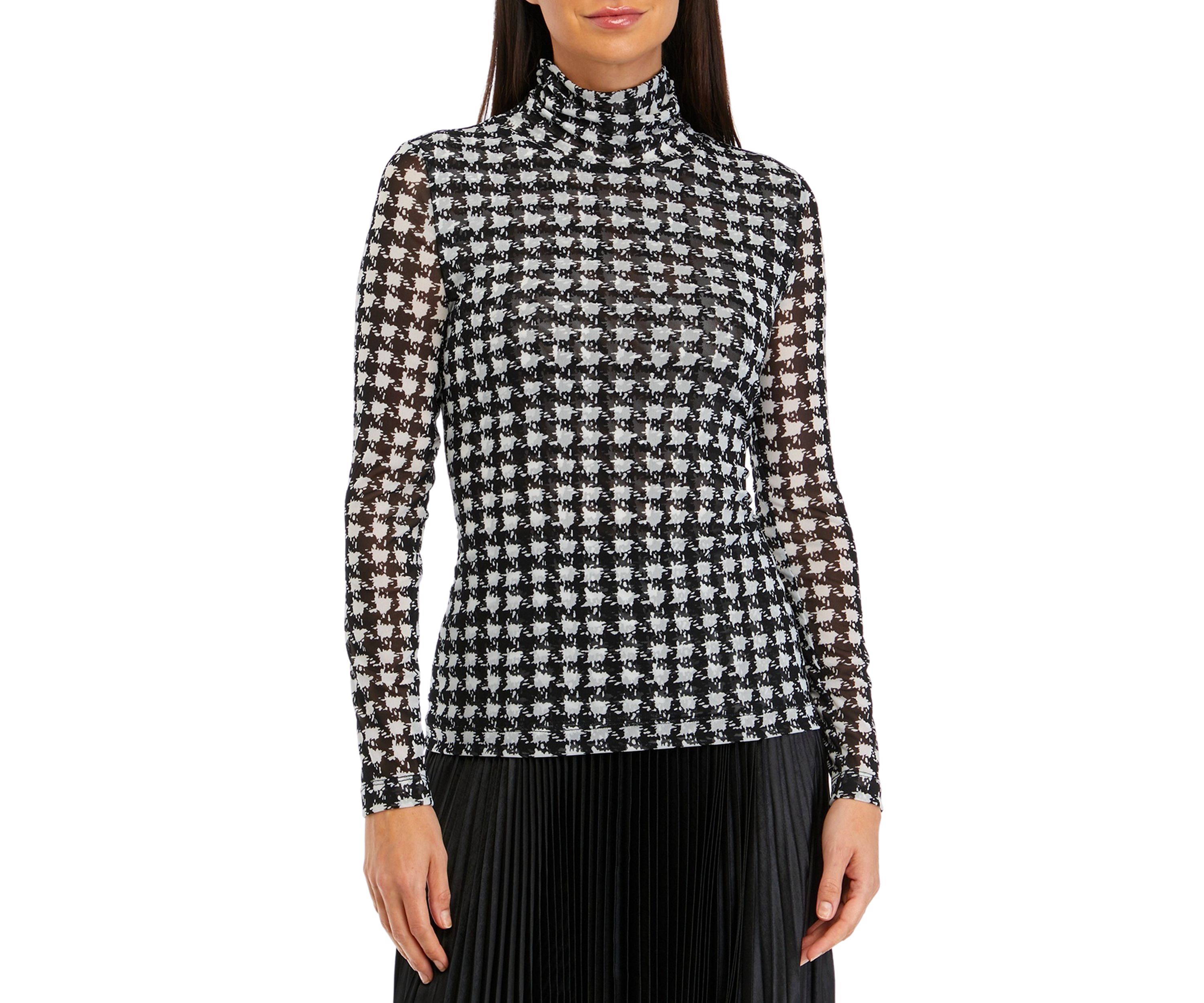 Long Sleeve Houndstooth Print Mesh Top 