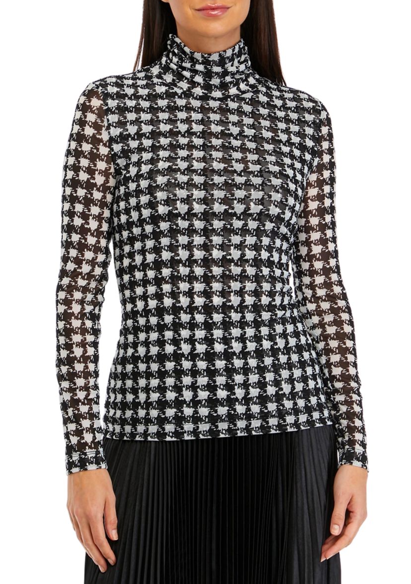 Long Sleeve Houndstooth Print Mesh Top 