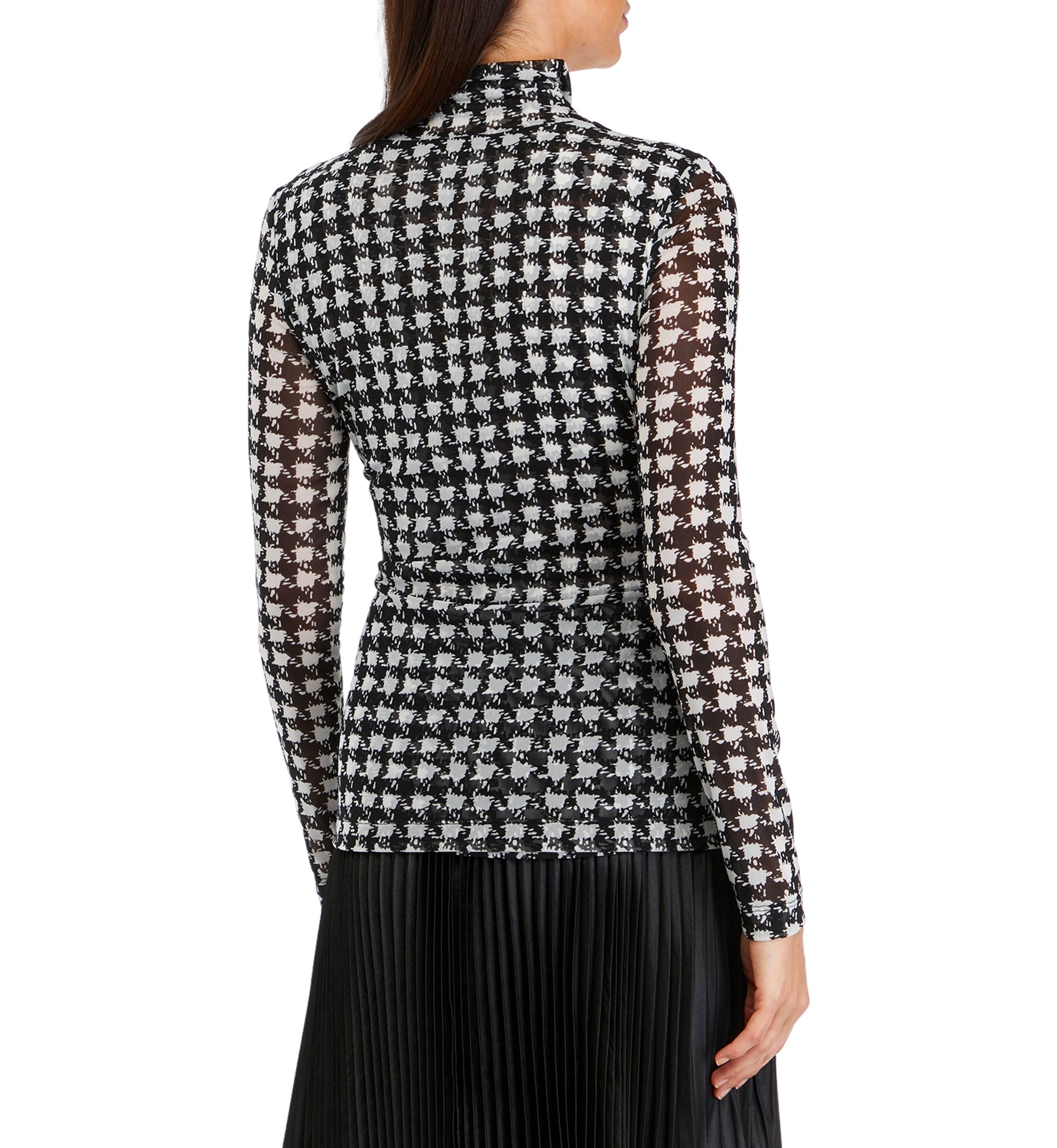 Long Sleeve Houndstooth Print Mesh Top 