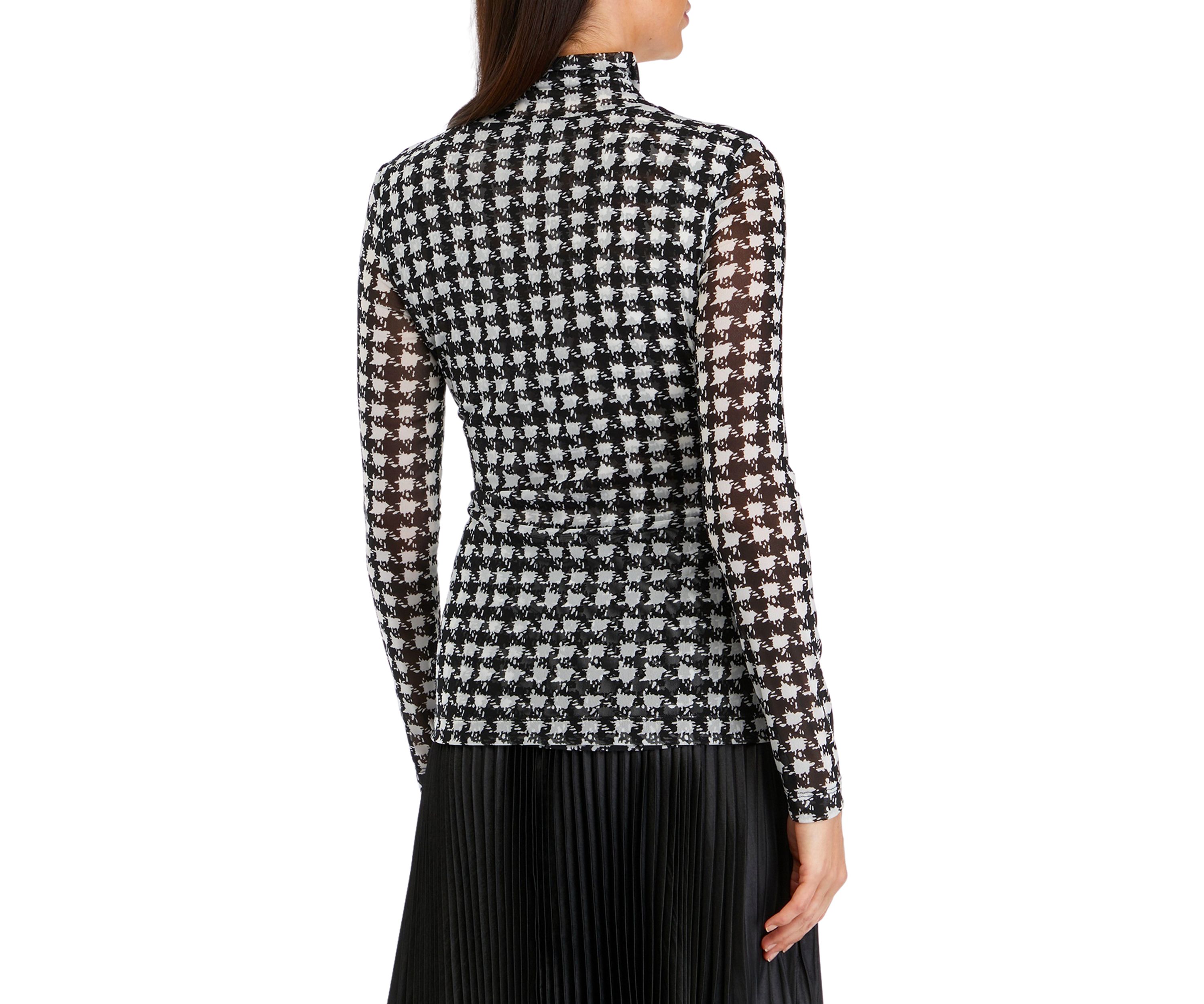 Long Sleeve Houndstooth Print Mesh Top 