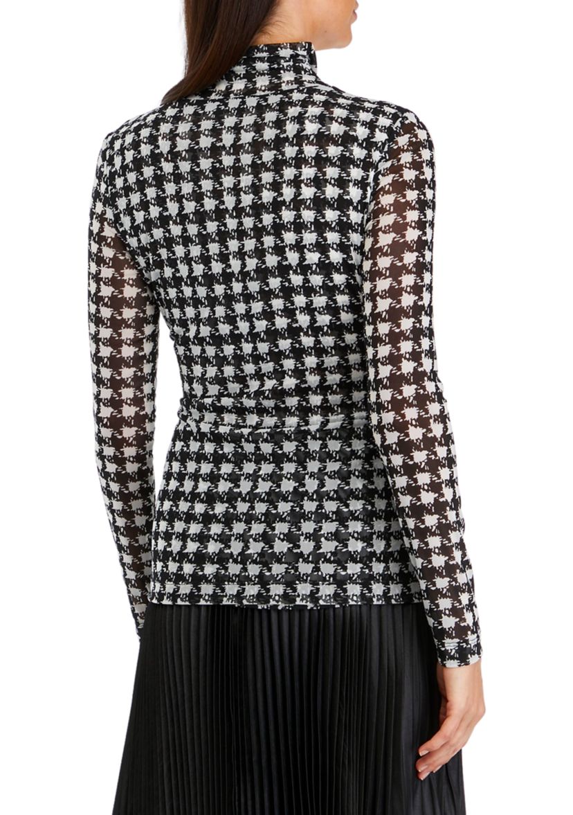 Long Sleeve Houndstooth Print Mesh Top 