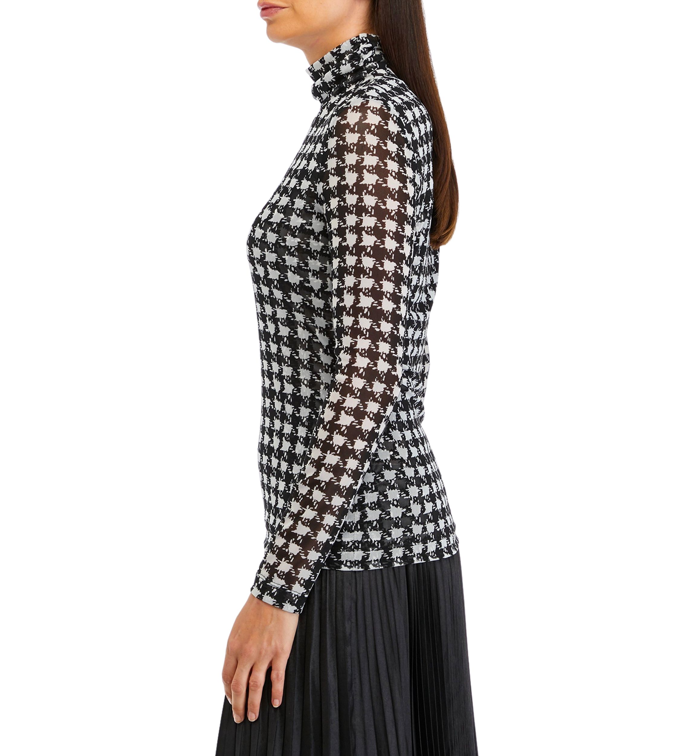 Long Sleeve Houndstooth Print Mesh Top 
