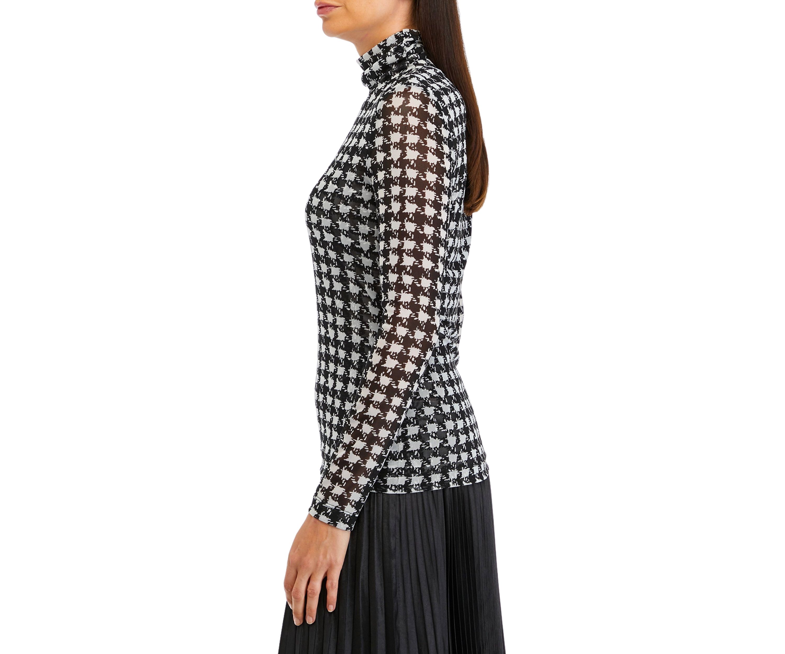 Long Sleeve Houndstooth Print Mesh Top 