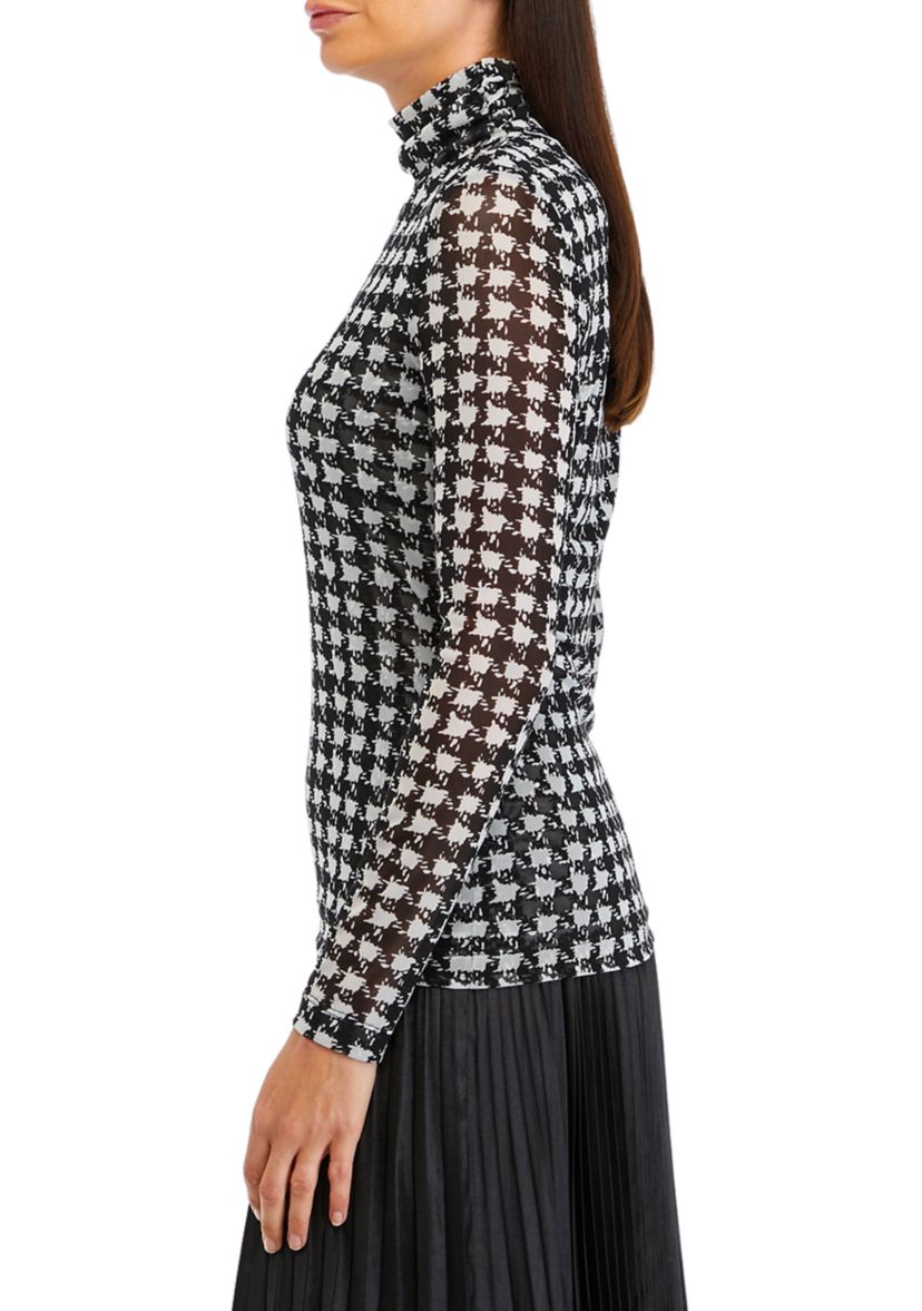 Long Sleeve Houndstooth Print Mesh Top 