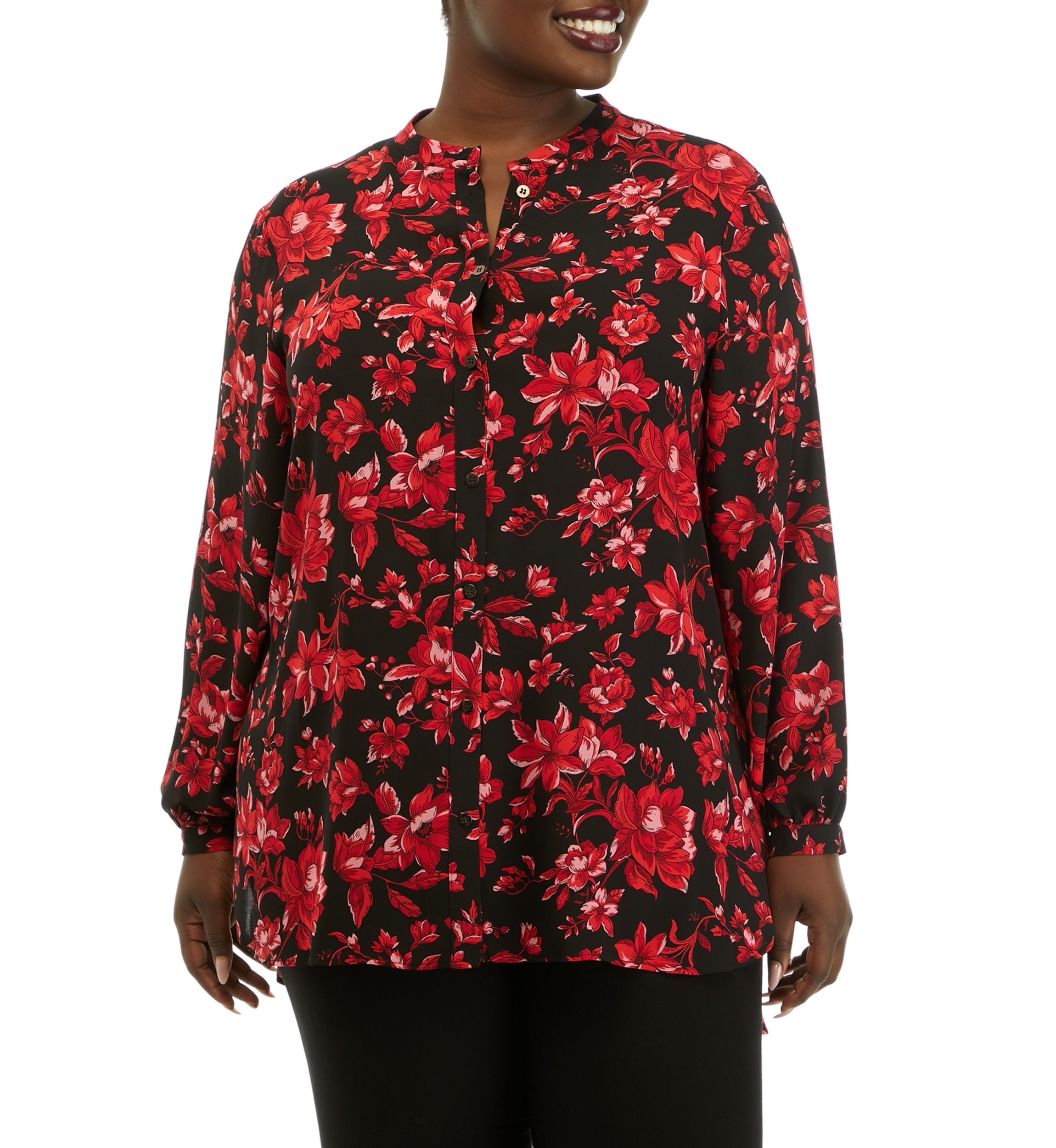 Plus Size Long Sleeve Mandarin Collar Hi Low Blouse