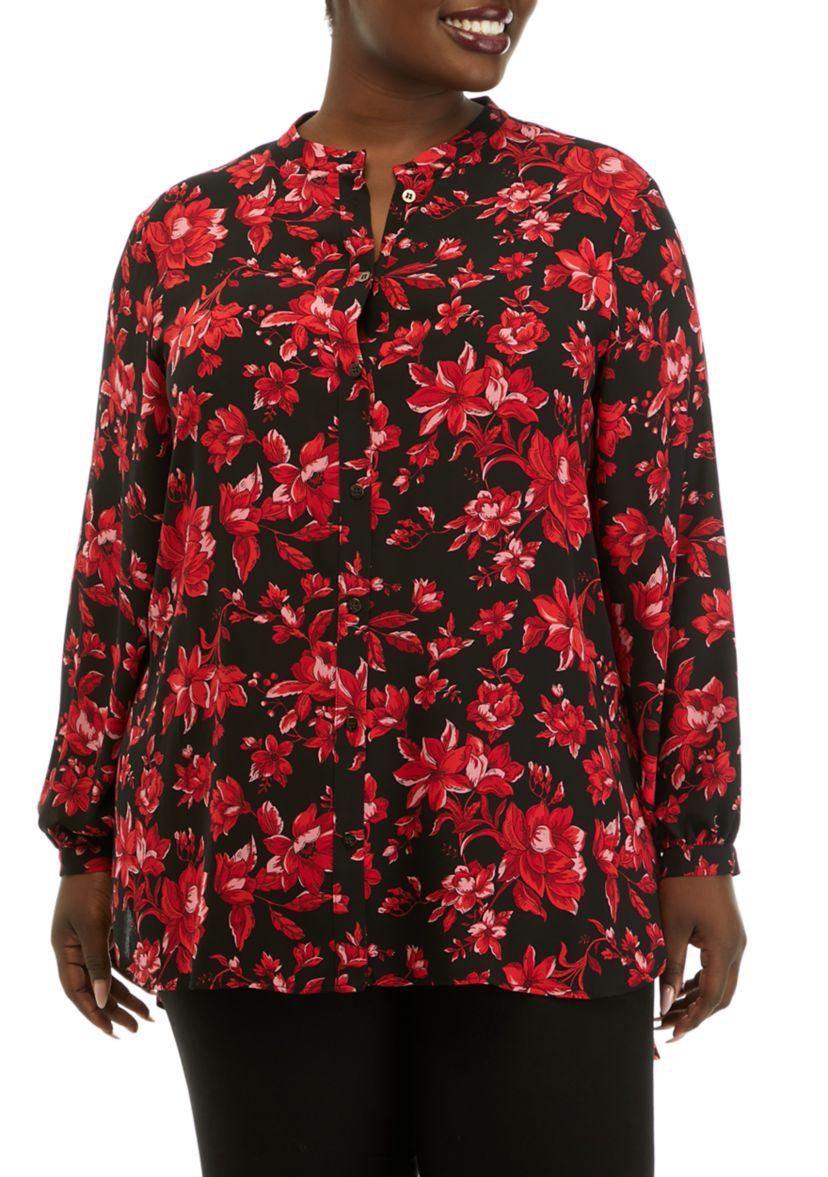 Plus Size Long Sleeve Mandarin Collar Hi Low Blouse