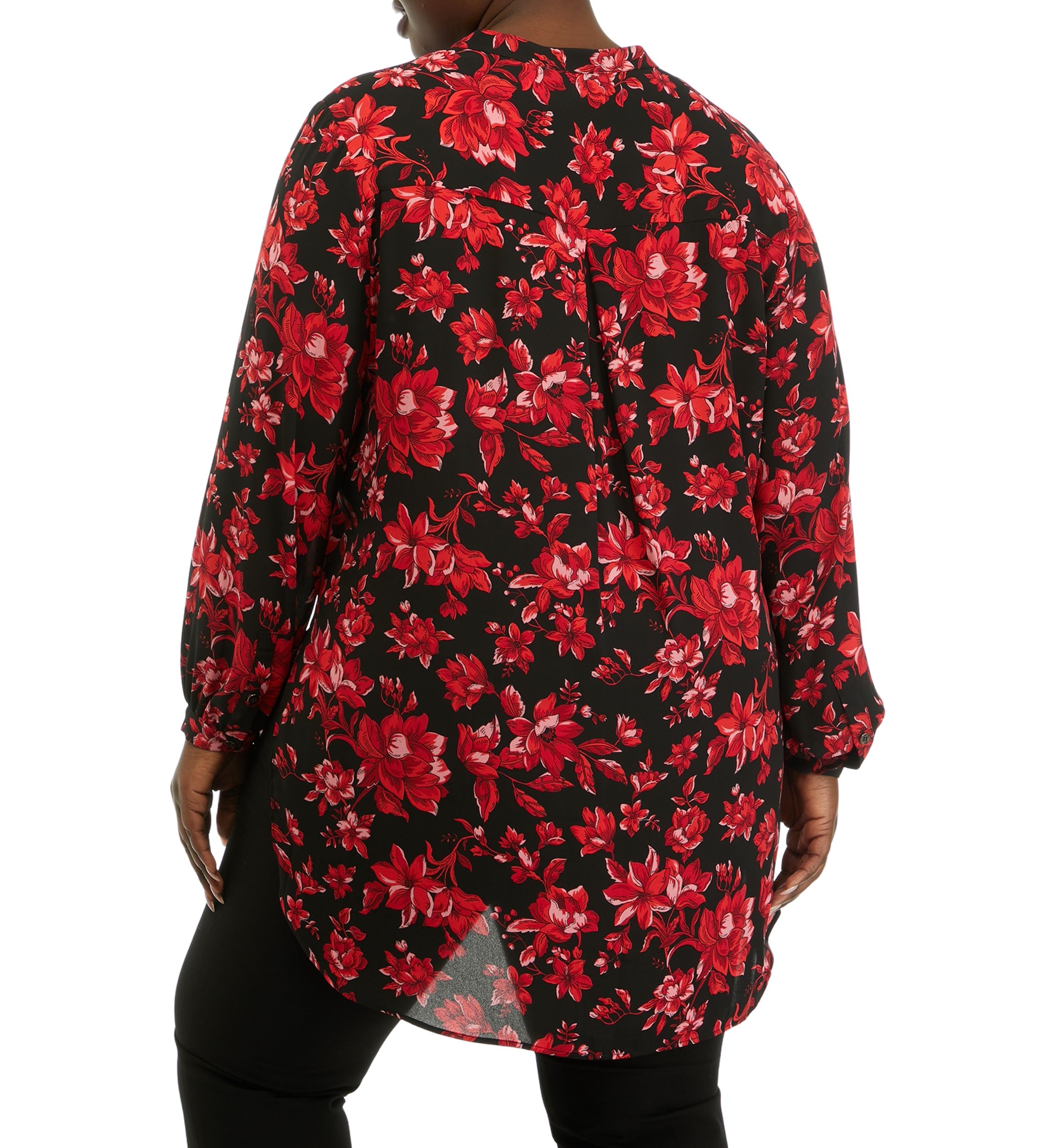 Plus Size Long Sleeve Mandarin Collar Hi Low Blouse