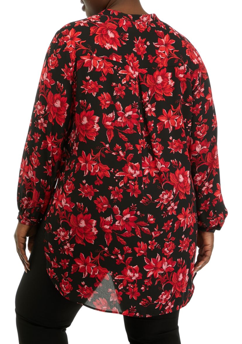 Plus Size Long Sleeve Mandarin Collar Hi Low Blouse