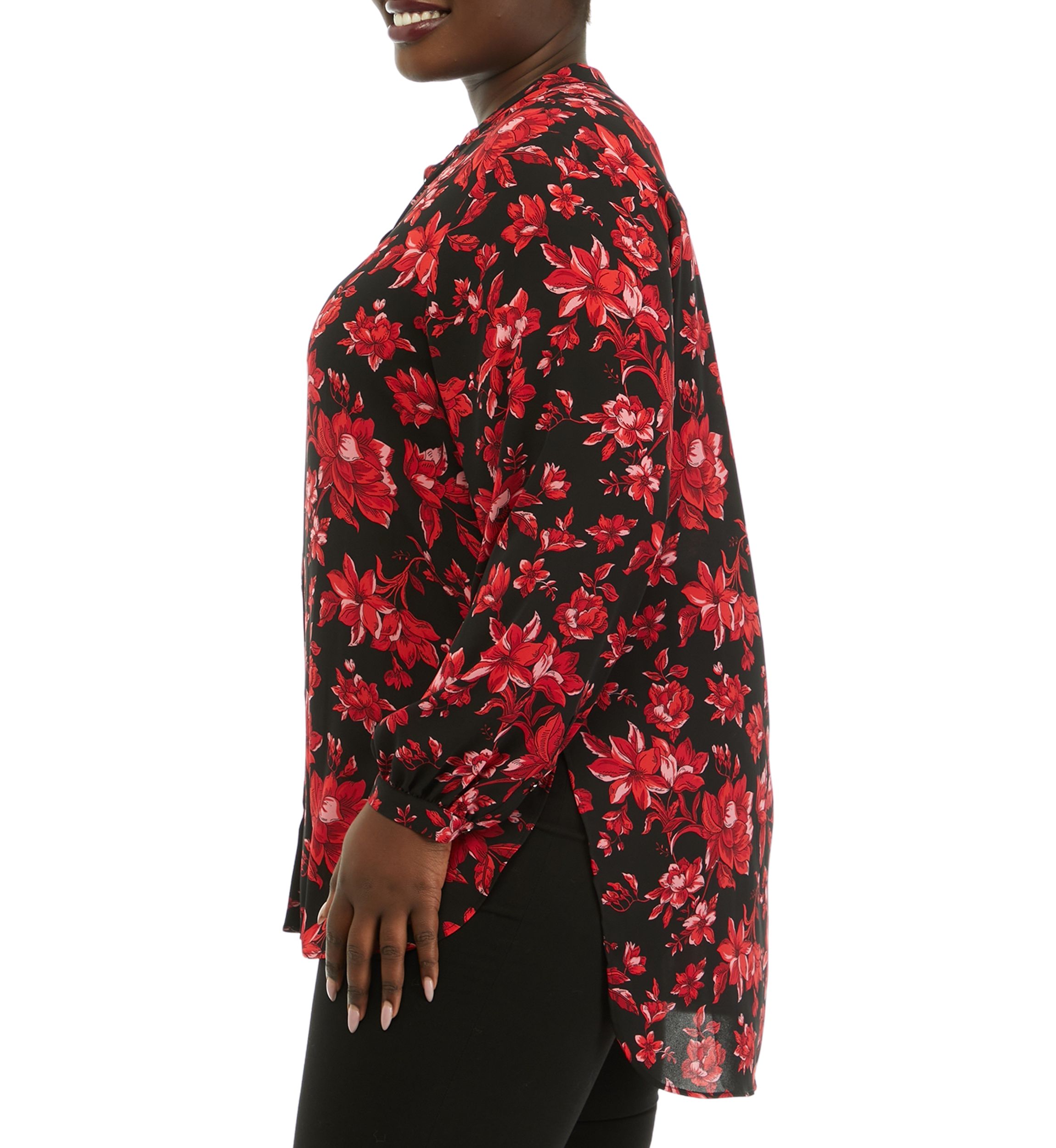 Plus Size Long Sleeve Mandarin Collar Hi Low Blouse