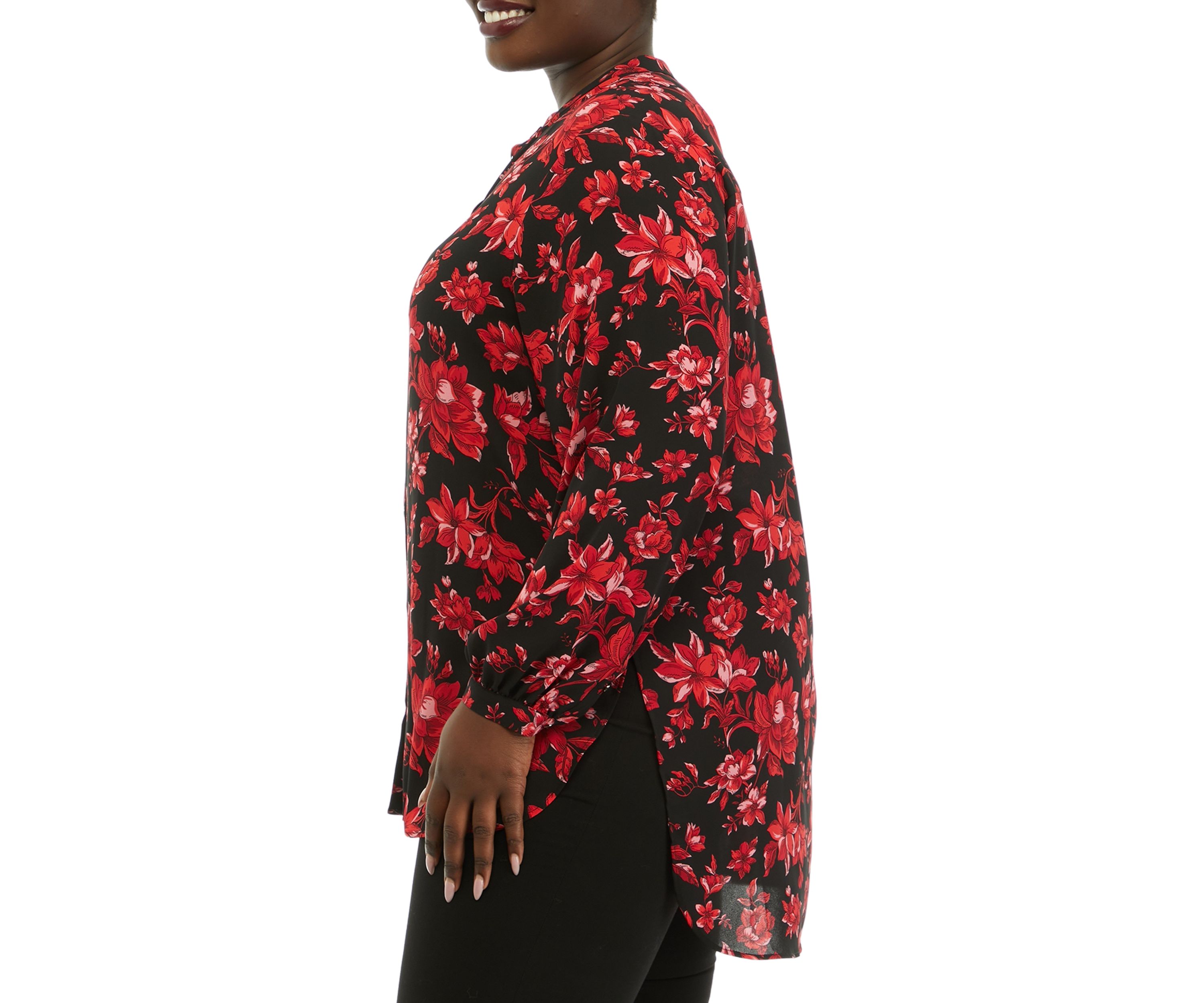 Plus Size Long Sleeve Mandarin Collar Hi Low Blouse