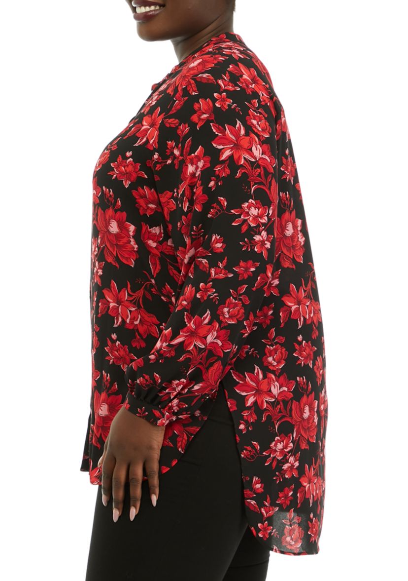 Plus Size Long Sleeve Mandarin Collar Hi Low Blouse
