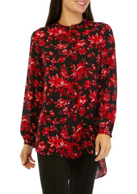 Women's Long Sleeve Floral Button Front Tunic Blouse