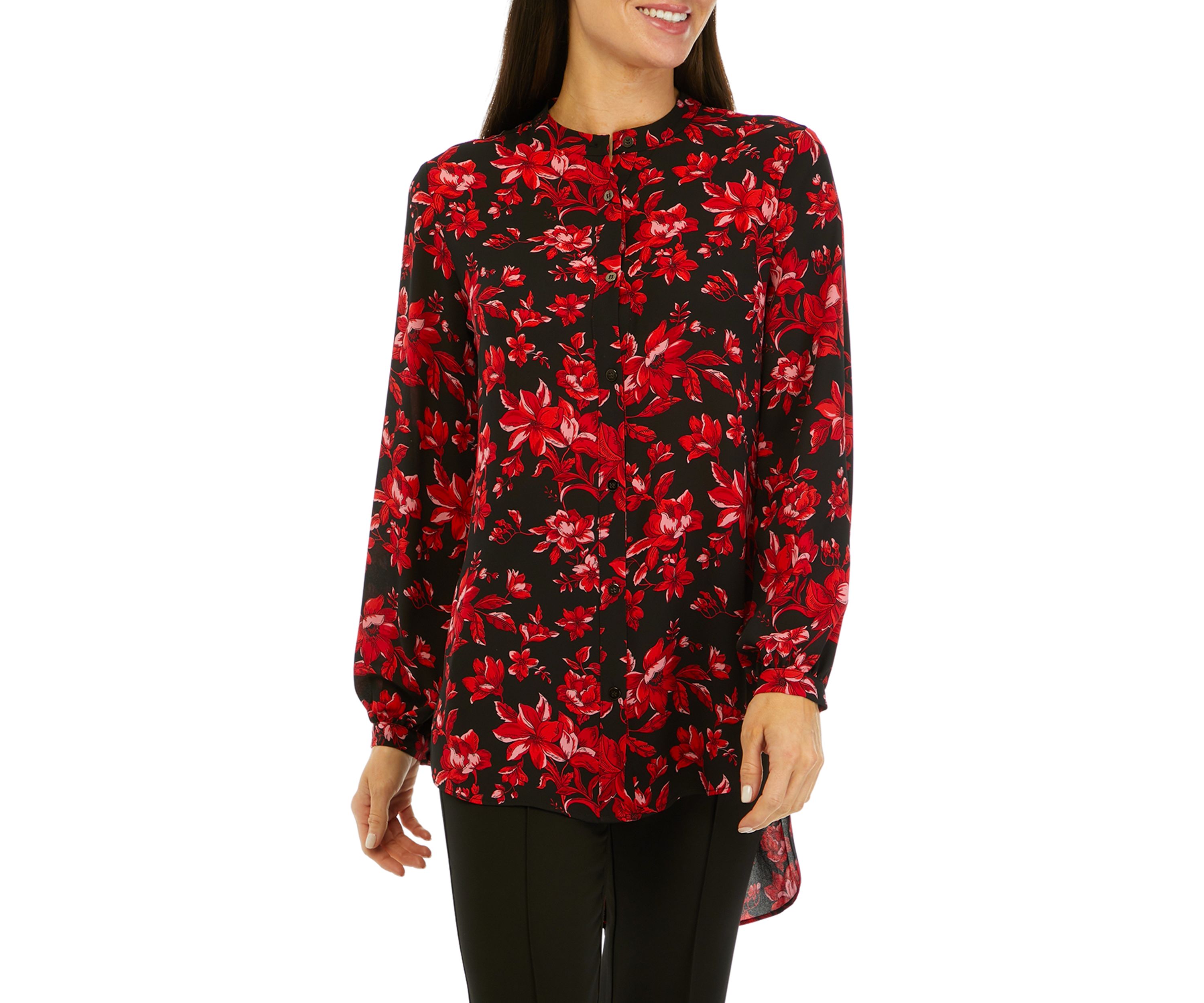 Womens Long Sleeve Floral Button Front Tunic Blouse