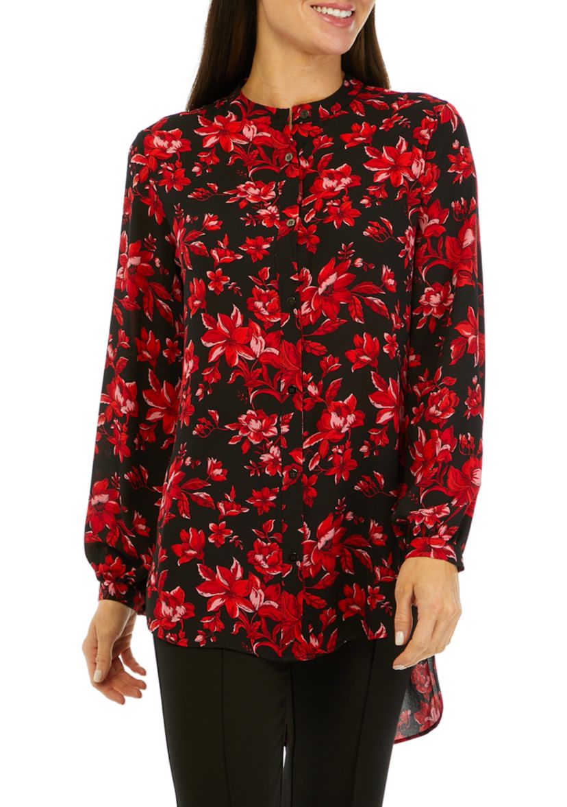 Womens Long Sleeve Floral Button Front Tunic Blouse