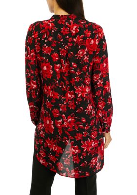 Women's Long Sleeve Floral Button Front Tunic Blouse