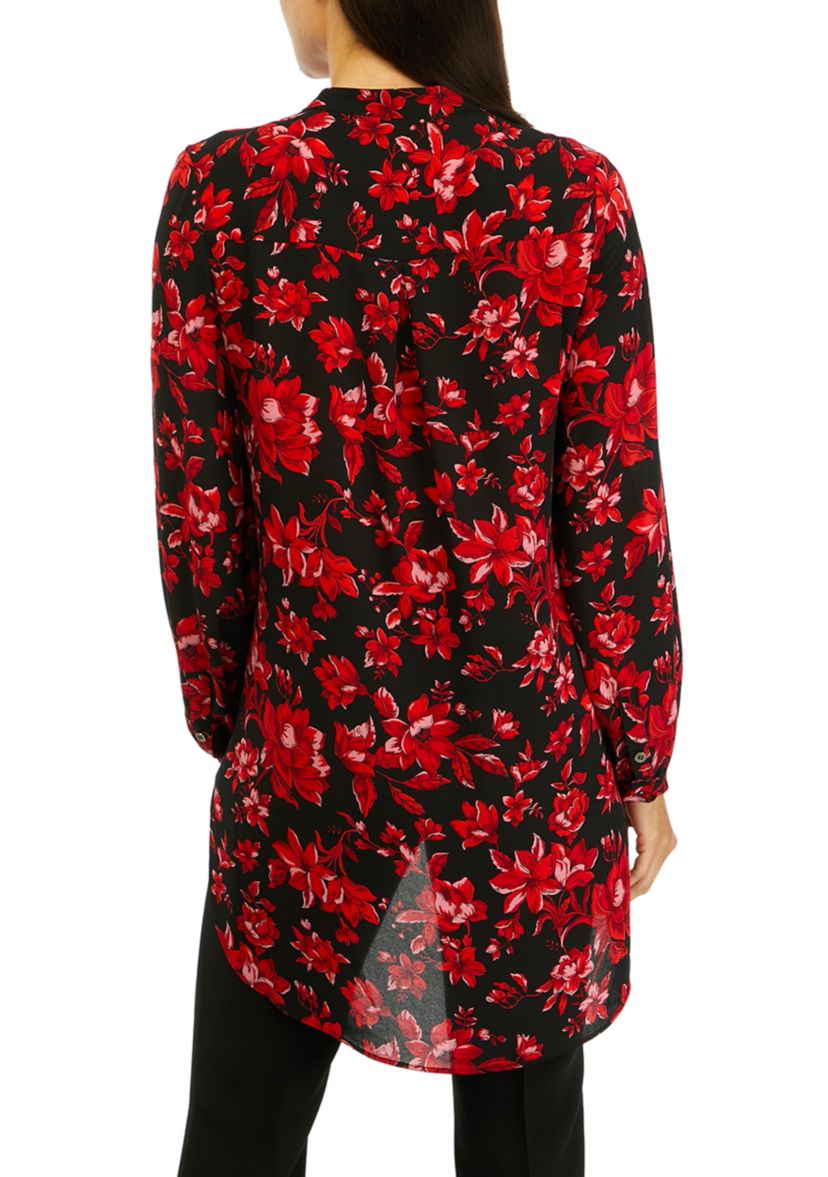 Womens Long Sleeve Floral Button Front Tunic Blouse