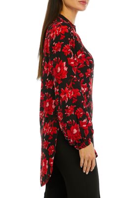 Women's Long Sleeve Floral Button Front Tunic Blouse