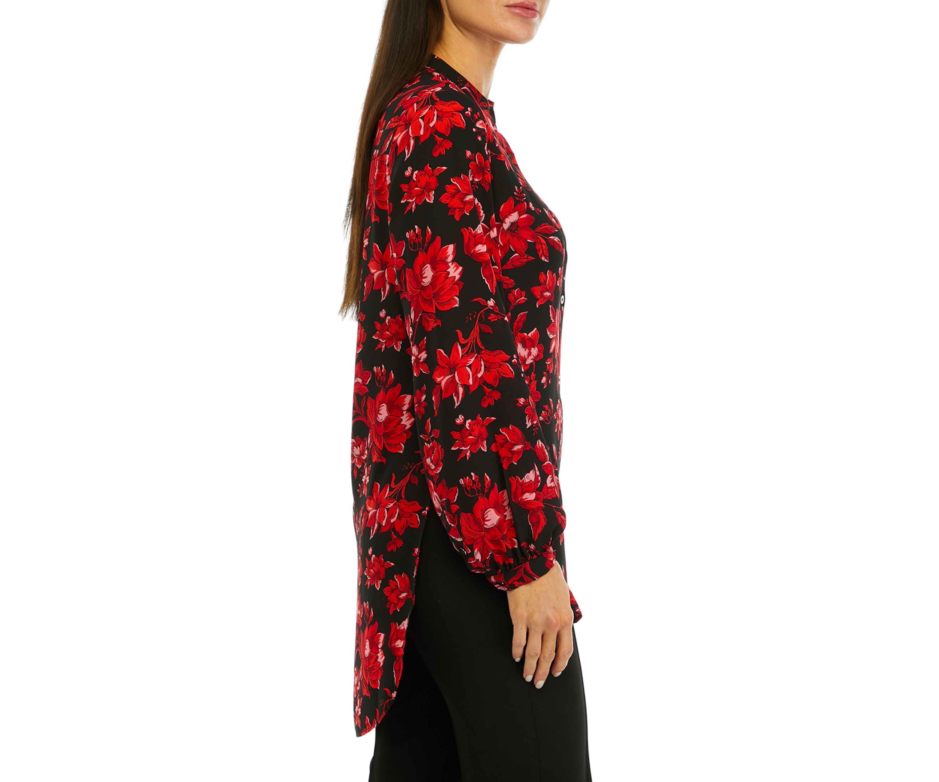 Womens Long Sleeve Floral Button Front Tunic Blouse