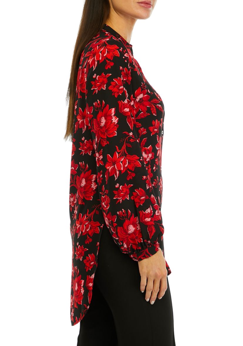 Womens Long Sleeve Floral Button Front Tunic Blouse