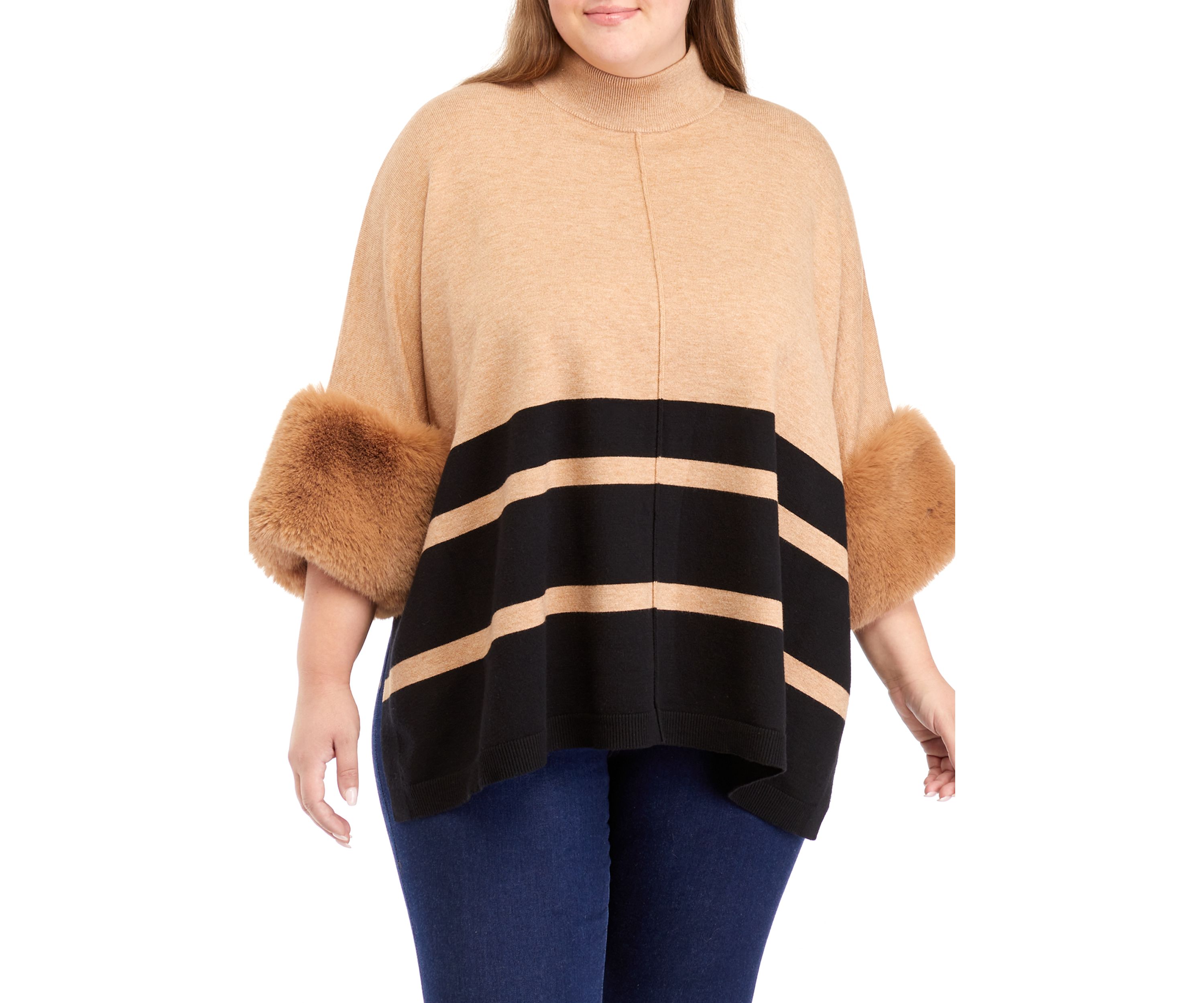 Plus Size Mock Neck Striped Poncho with Fur Cuffs