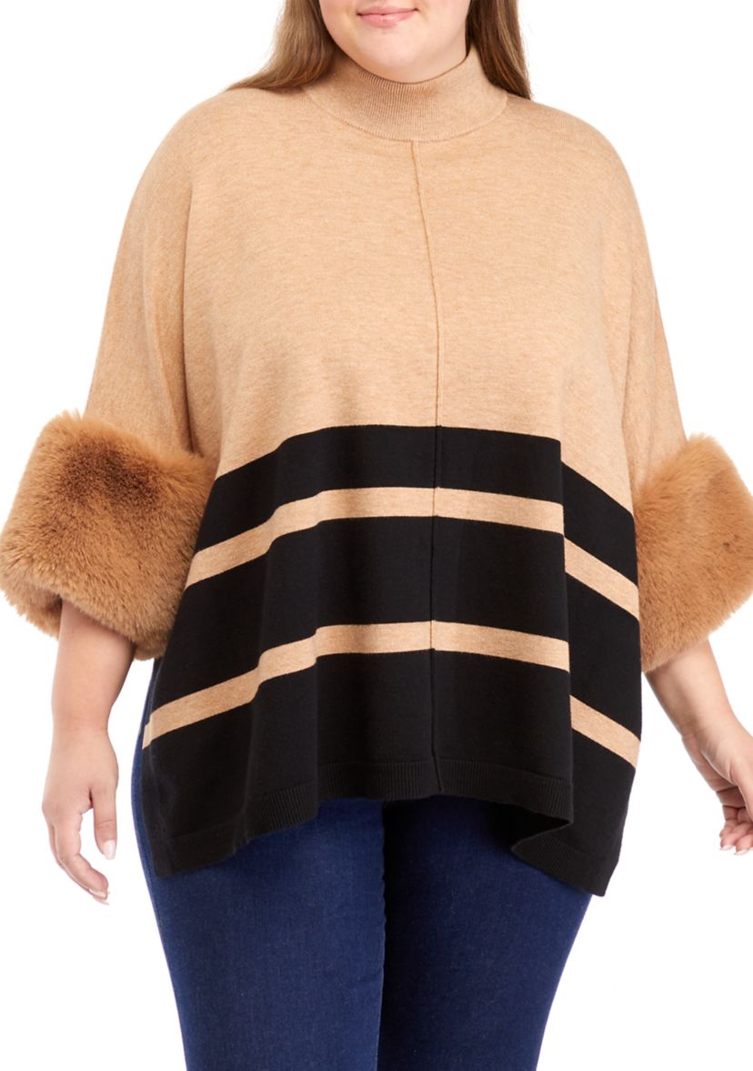 Plus Size Mock Neck Striped Poncho with Fur Cuffs