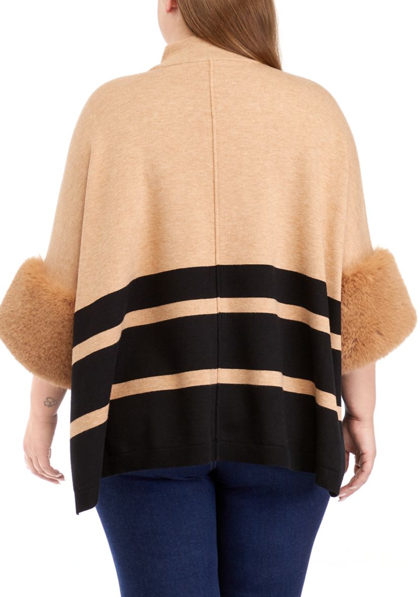 Plus Size Mock Neck Striped Poncho with Fur Cuffs