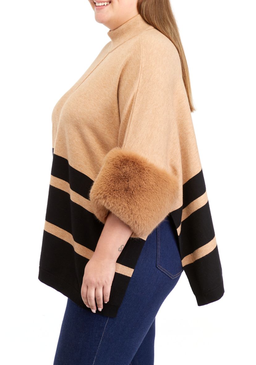 Plus Size Mock Neck Striped Poncho with Fur Cuffs