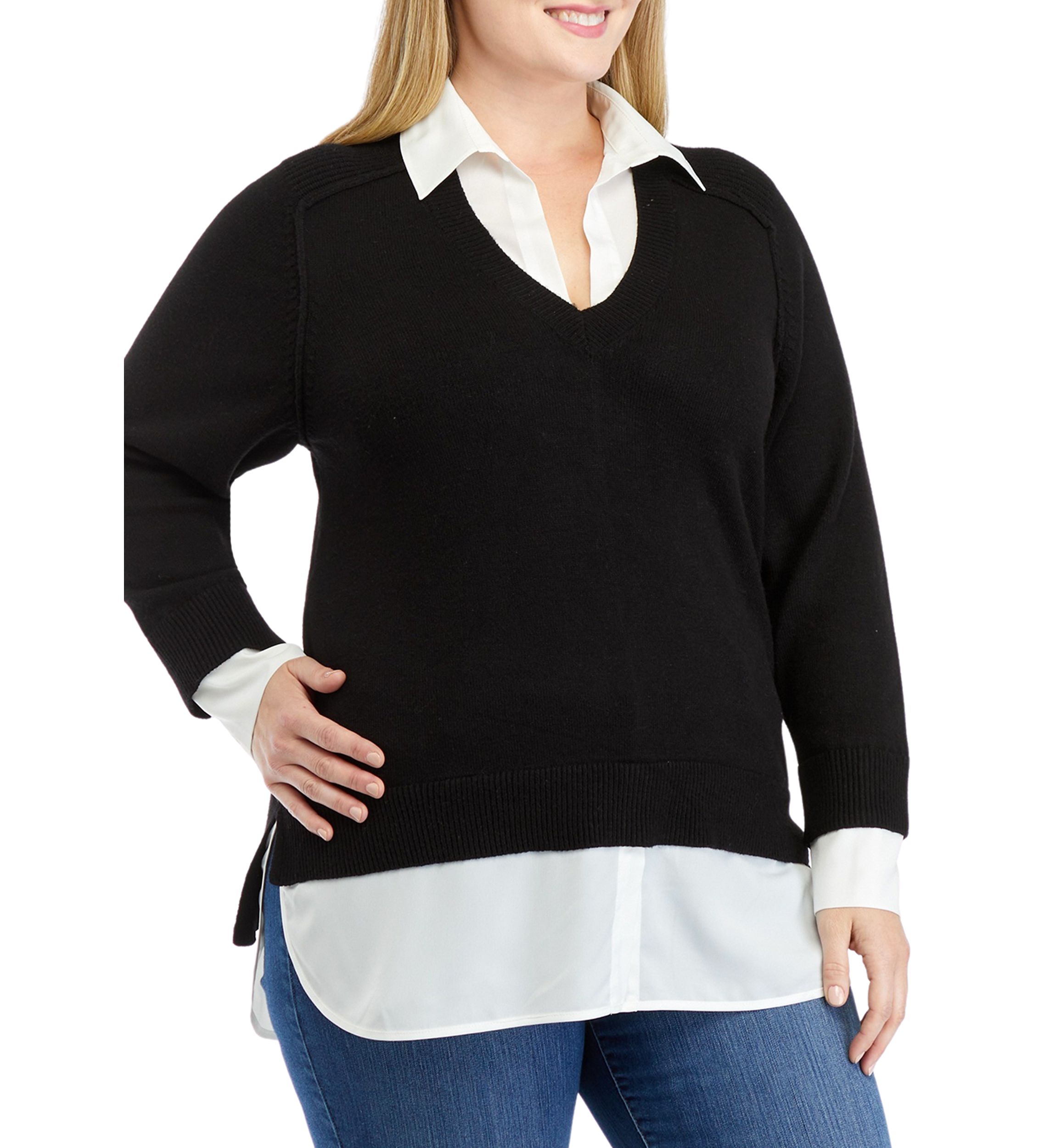 Plus Size Long Sleeve V-Neck 2fer Sweater