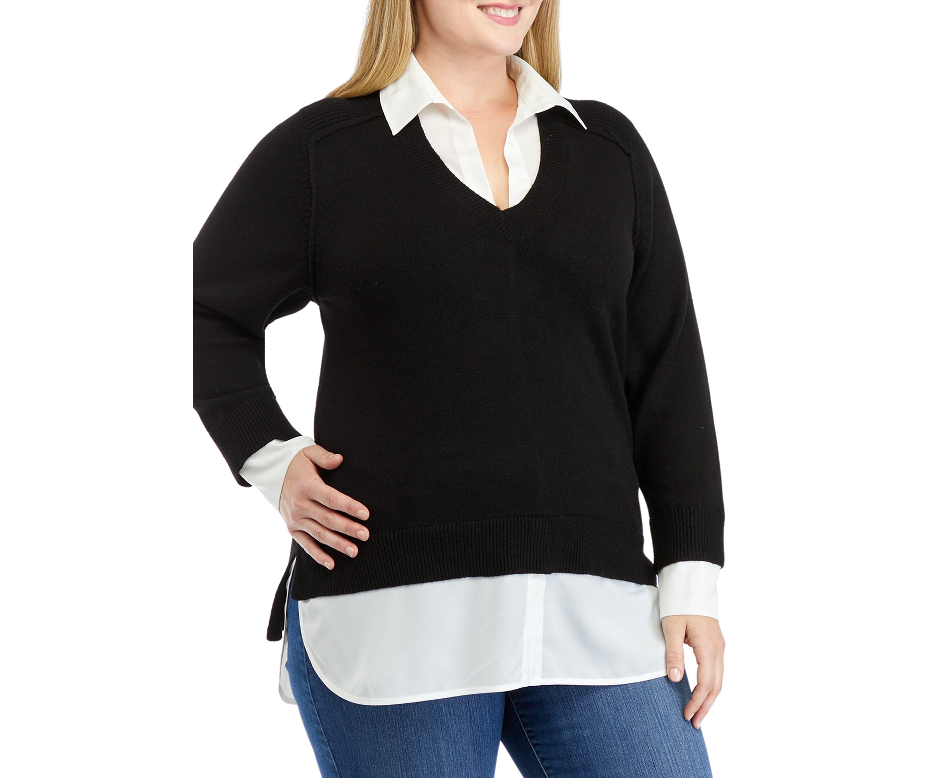 Plus Size Long Sleeve V-Neck 2fer Sweater
