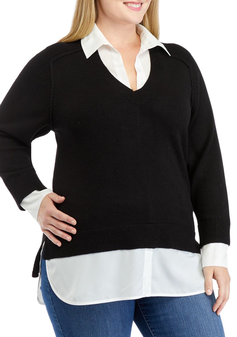 Plus Size Long Sleeve V-Neck 2fer Sweater
