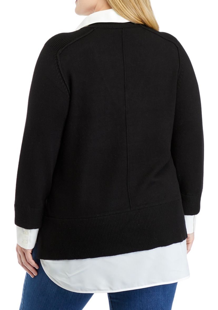 Plus Size Long Sleeve V-Neck 2fer Sweater