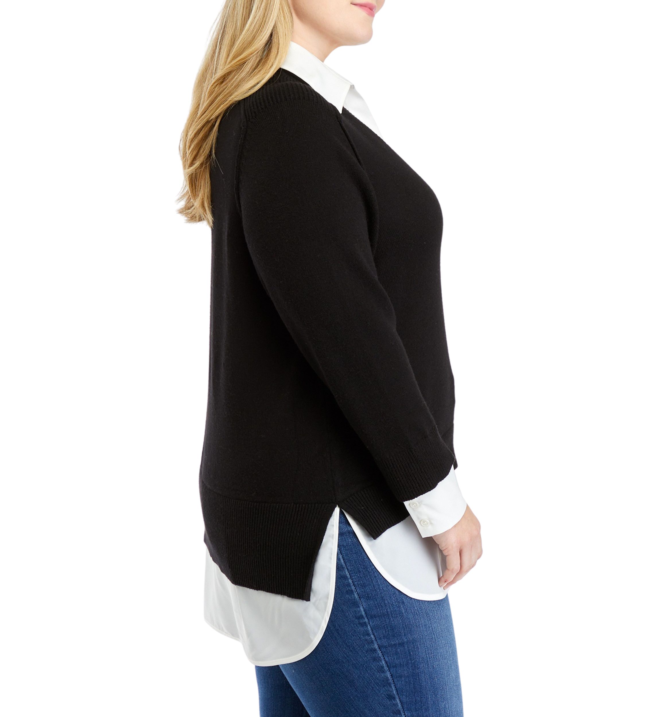 Plus Size Long Sleeve V-Neck 2fer Sweater